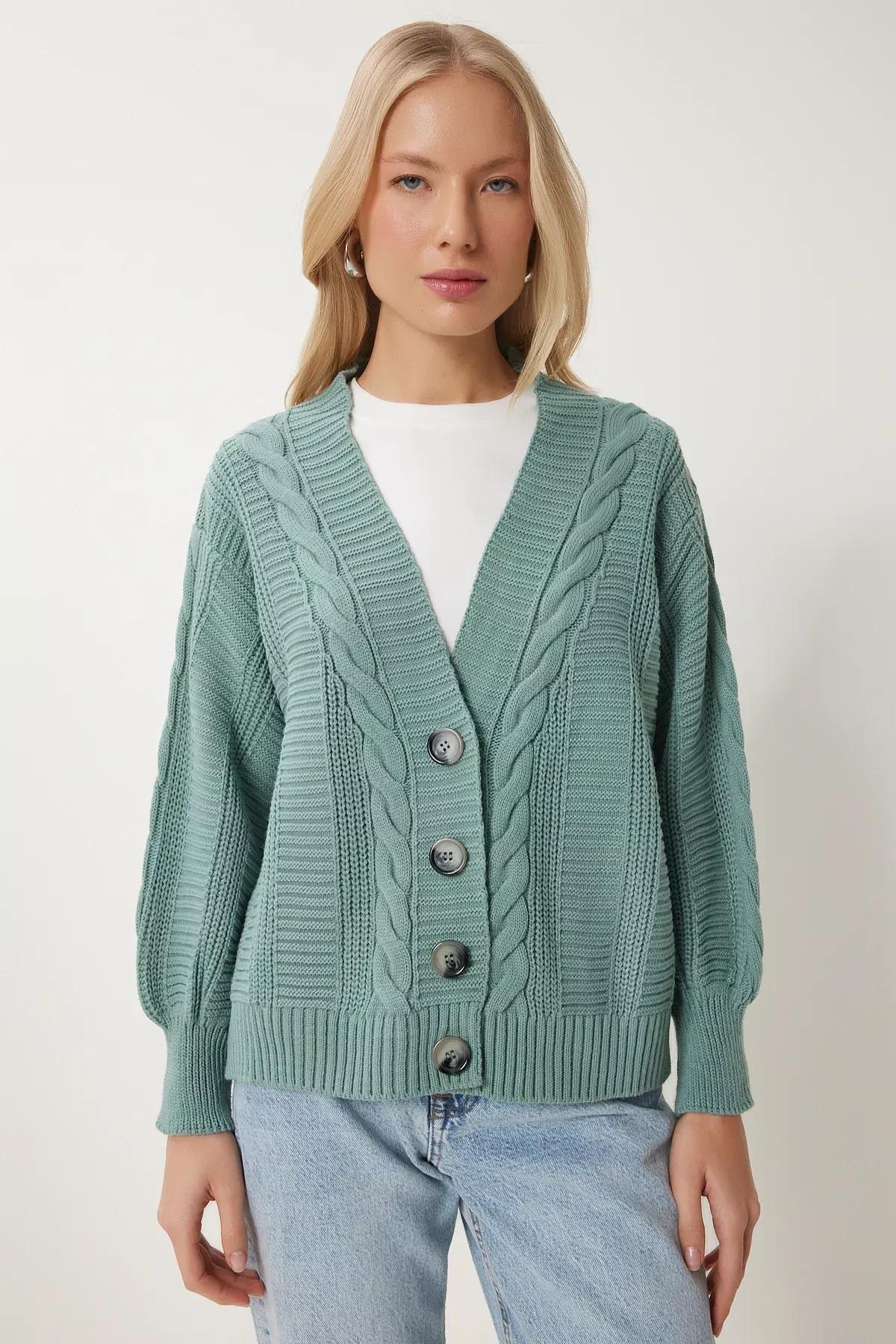 Green Braided Balloon Sleeve Cardigan, C101_5202, large image number 2