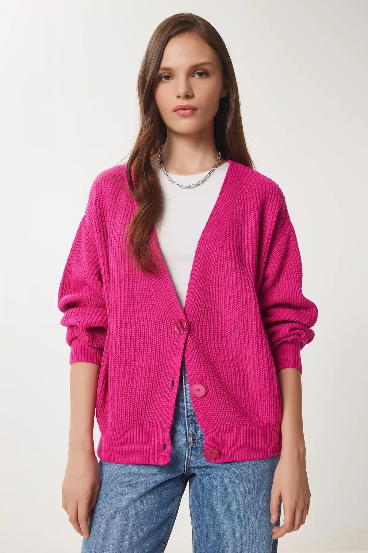 Pink V-Neck Buttoned Cardigan, DARK PINK, large image number 0