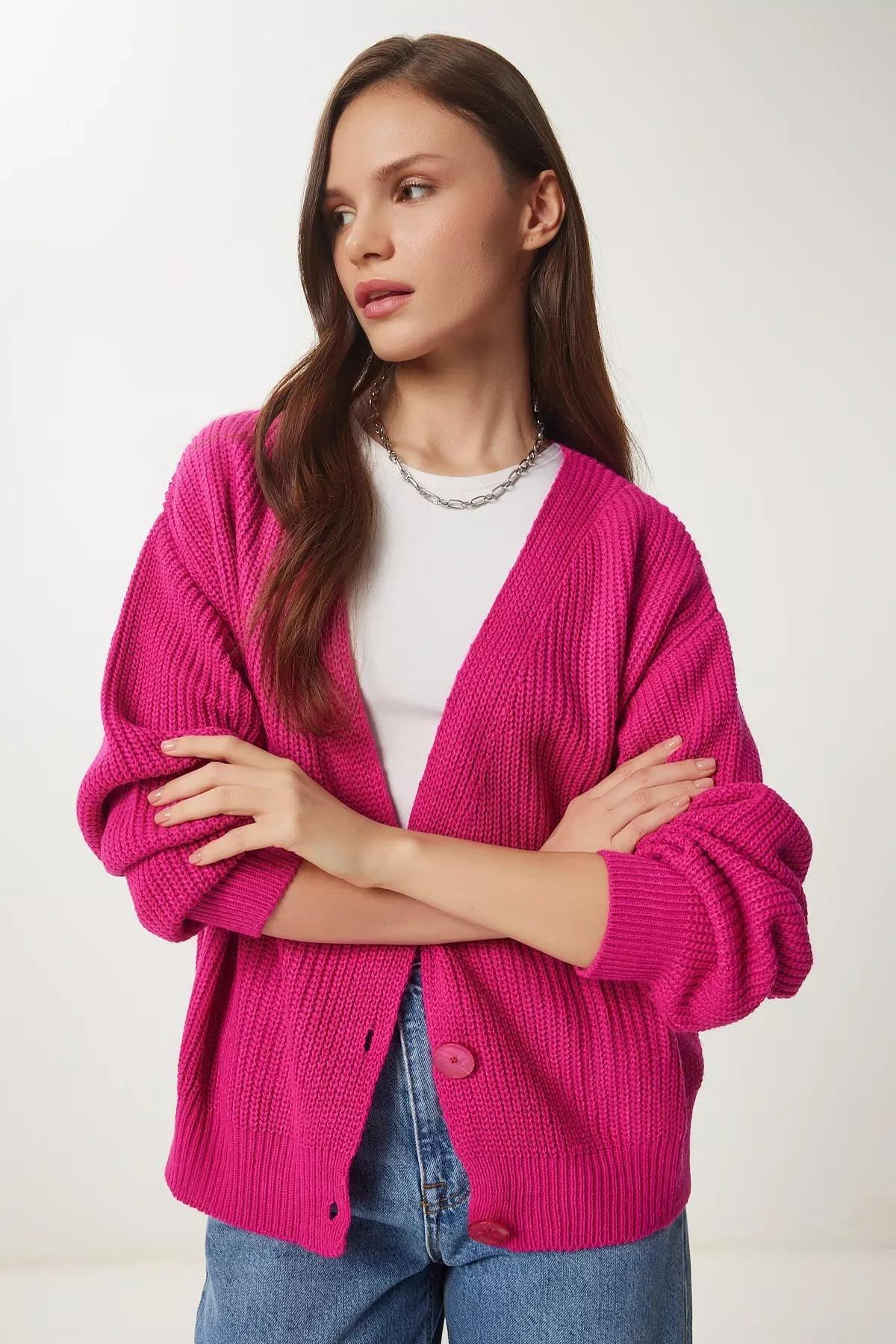 Pink V-Neck Buttoned Cardigan, DARK PINK, large image number 1