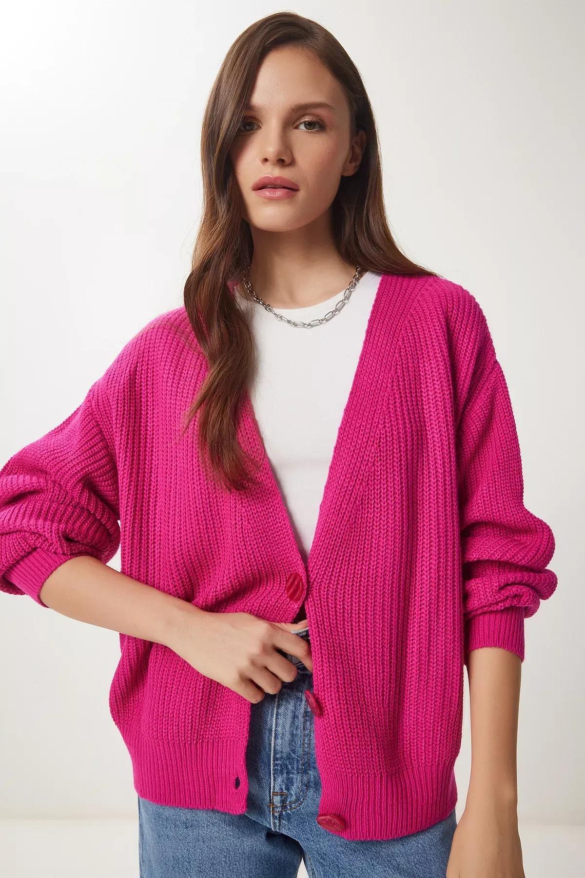 Pink V-Neck Buttoned Cardigan, DARK PINK, large image number 2