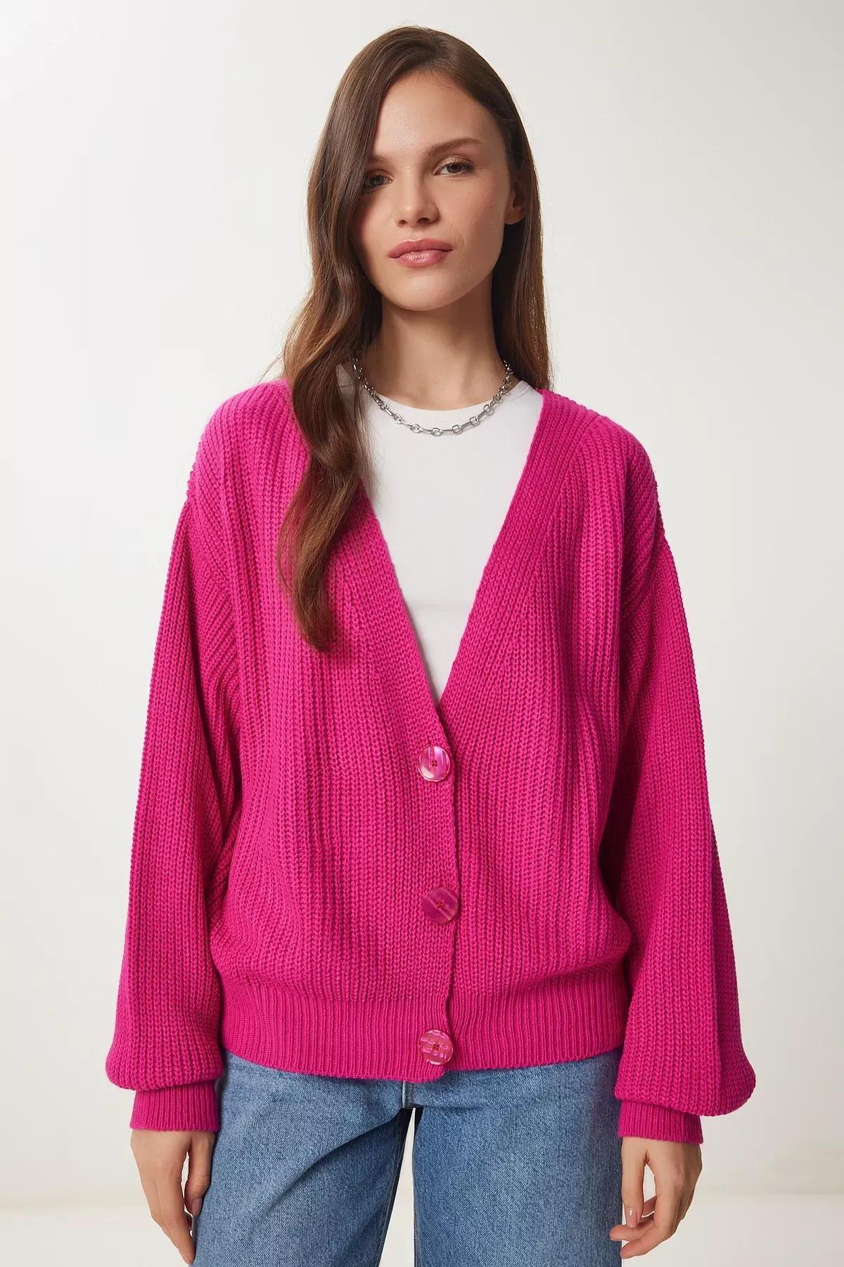 Pink V-Neck Buttoned Cardigan, DARK PINK, large image number 3