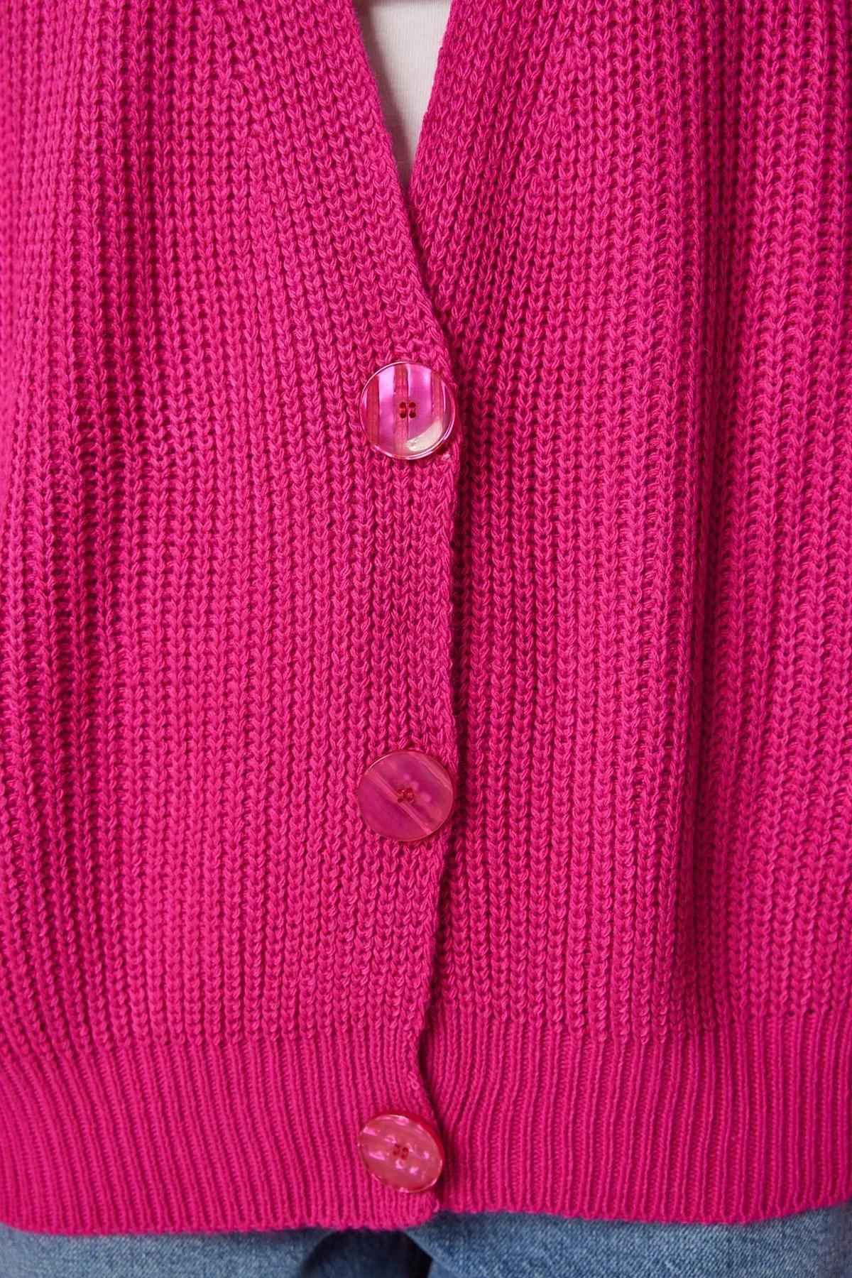 Pink V-Neck Buttoned Cardigan, DARK PINK, large image number 4