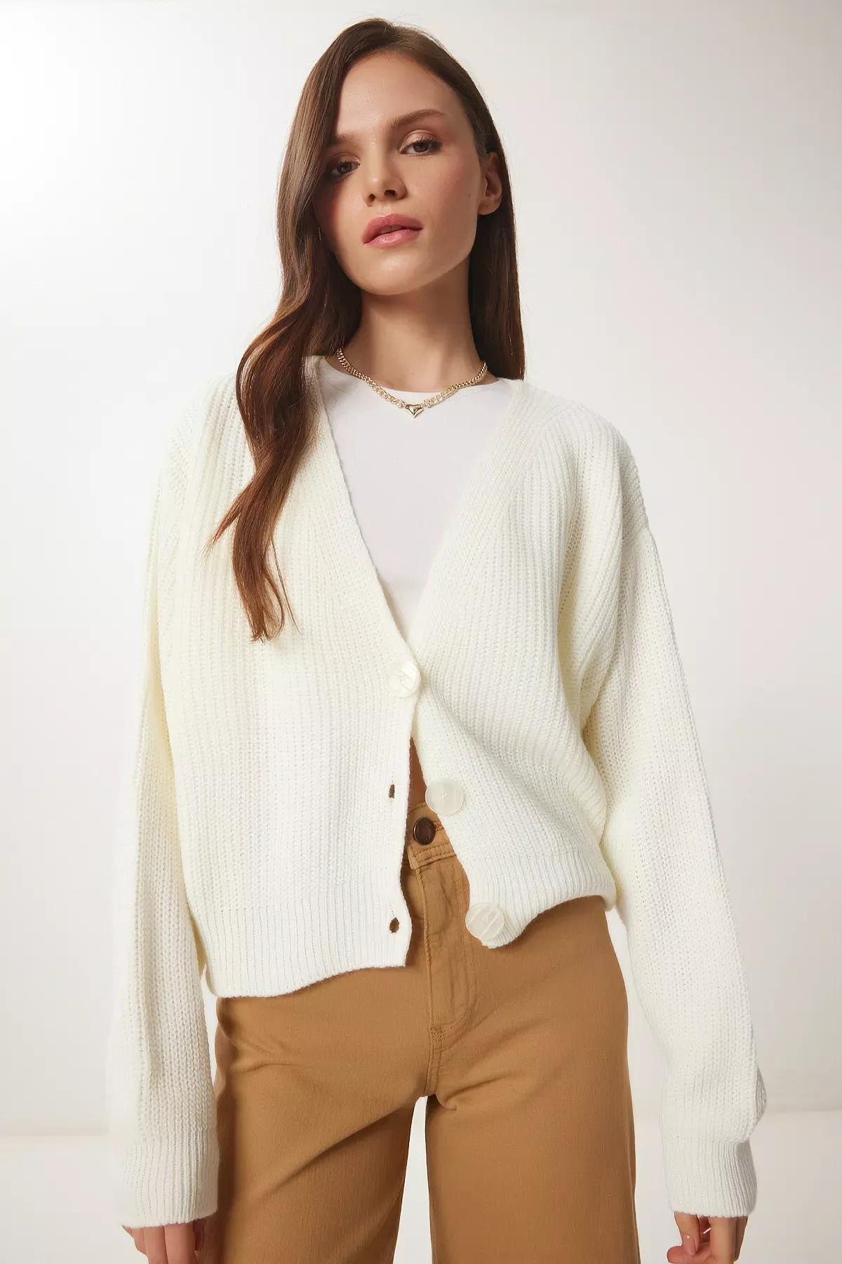 Beige V-Neck Buttoned Knitted Cardigan, Ecru, large image number 0