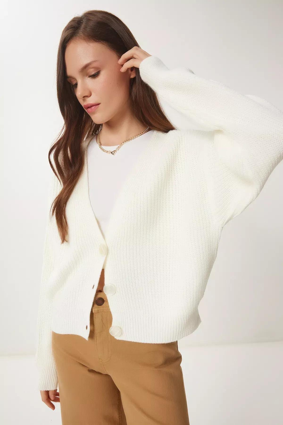 Beige V-Neck Buttoned Knitted Cardigan, Ecru, large image number 1