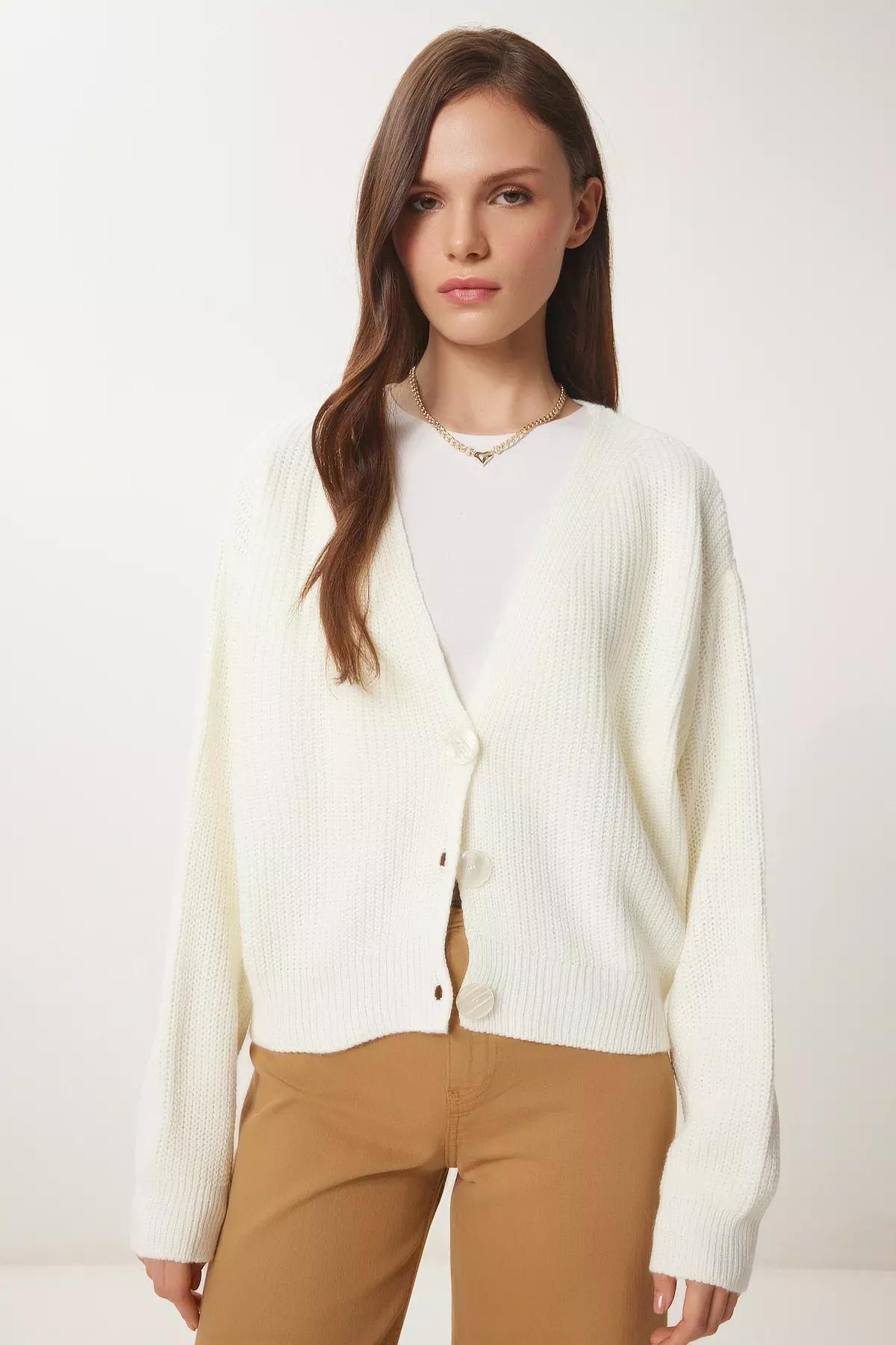 Beige V-Neck Buttoned Knitted Cardigan, Ecru, large image number 2