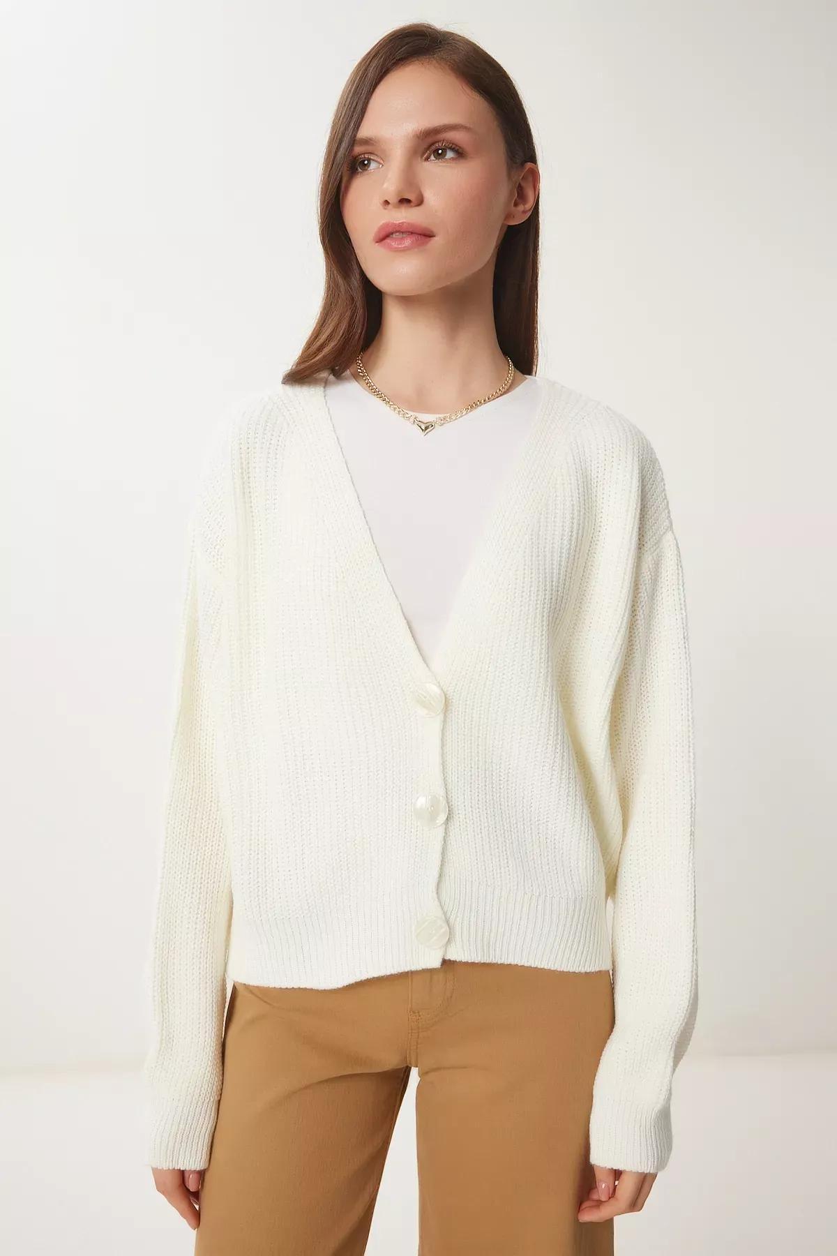 Beige V-Neck Buttoned Knitted Cardigan, Ecru, large image number 3