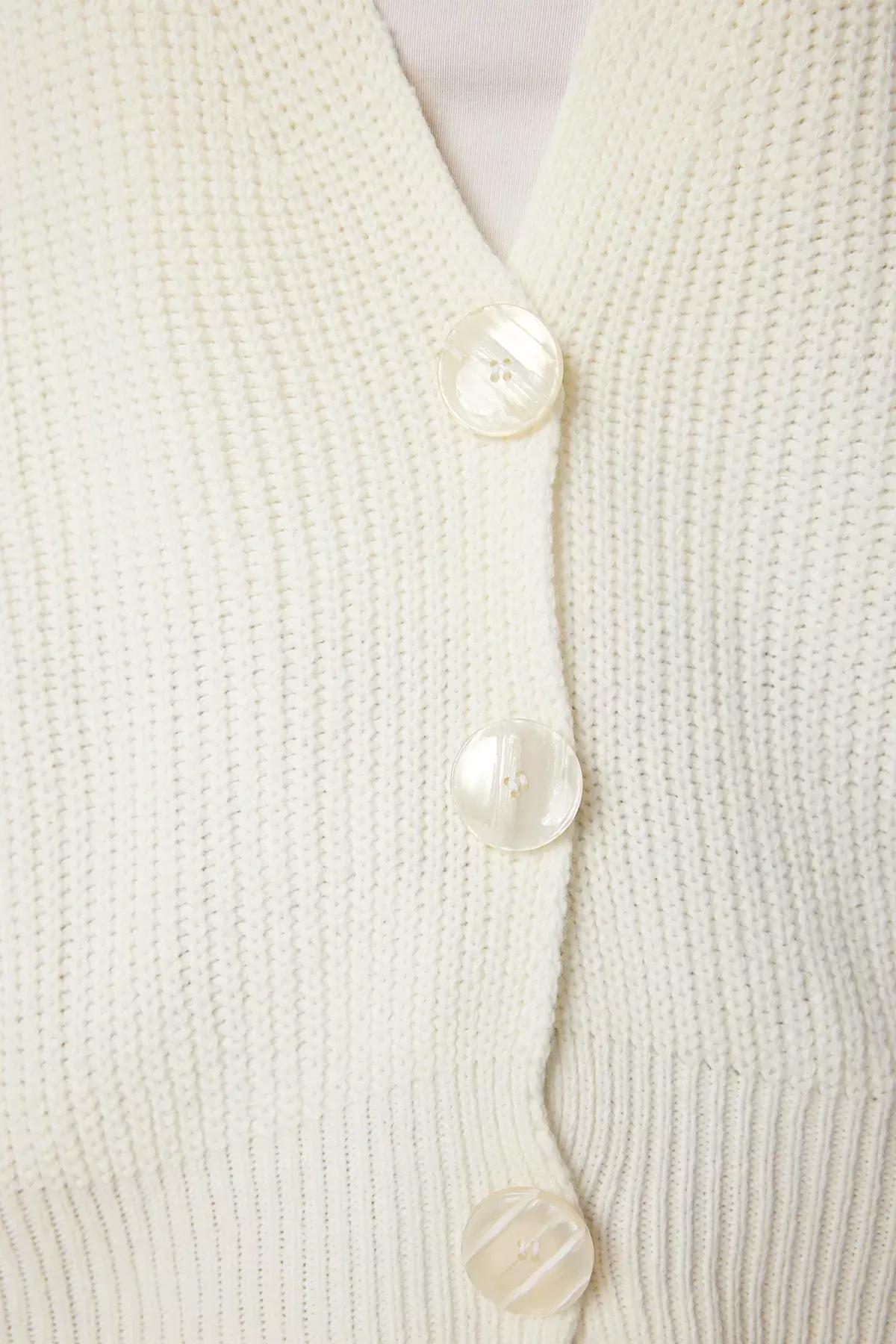 Beige V-Neck Buttoned Knitted Cardigan, Ecru, large image number 4