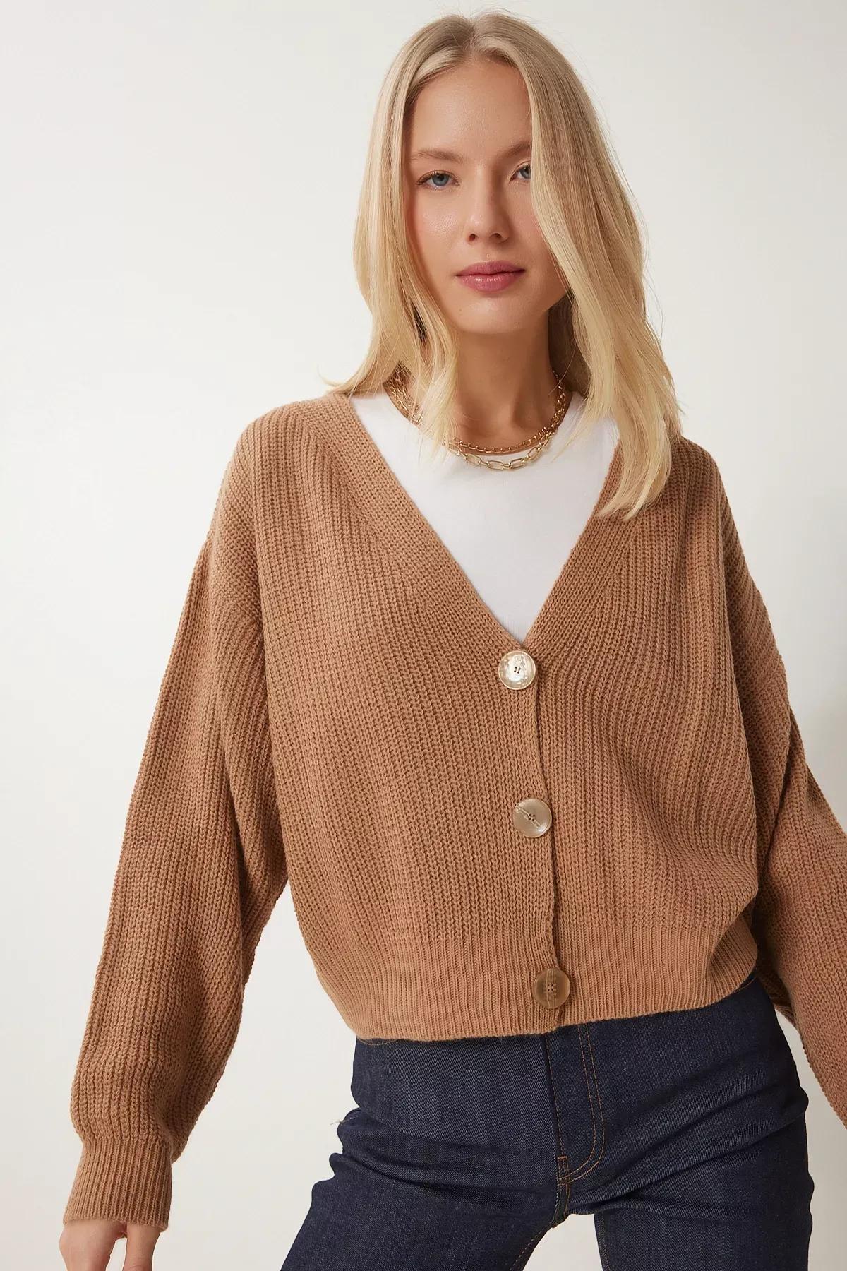 Biscuit V-Neck Buttoned Knitted Cardigan, BISCUIT, large image number 0