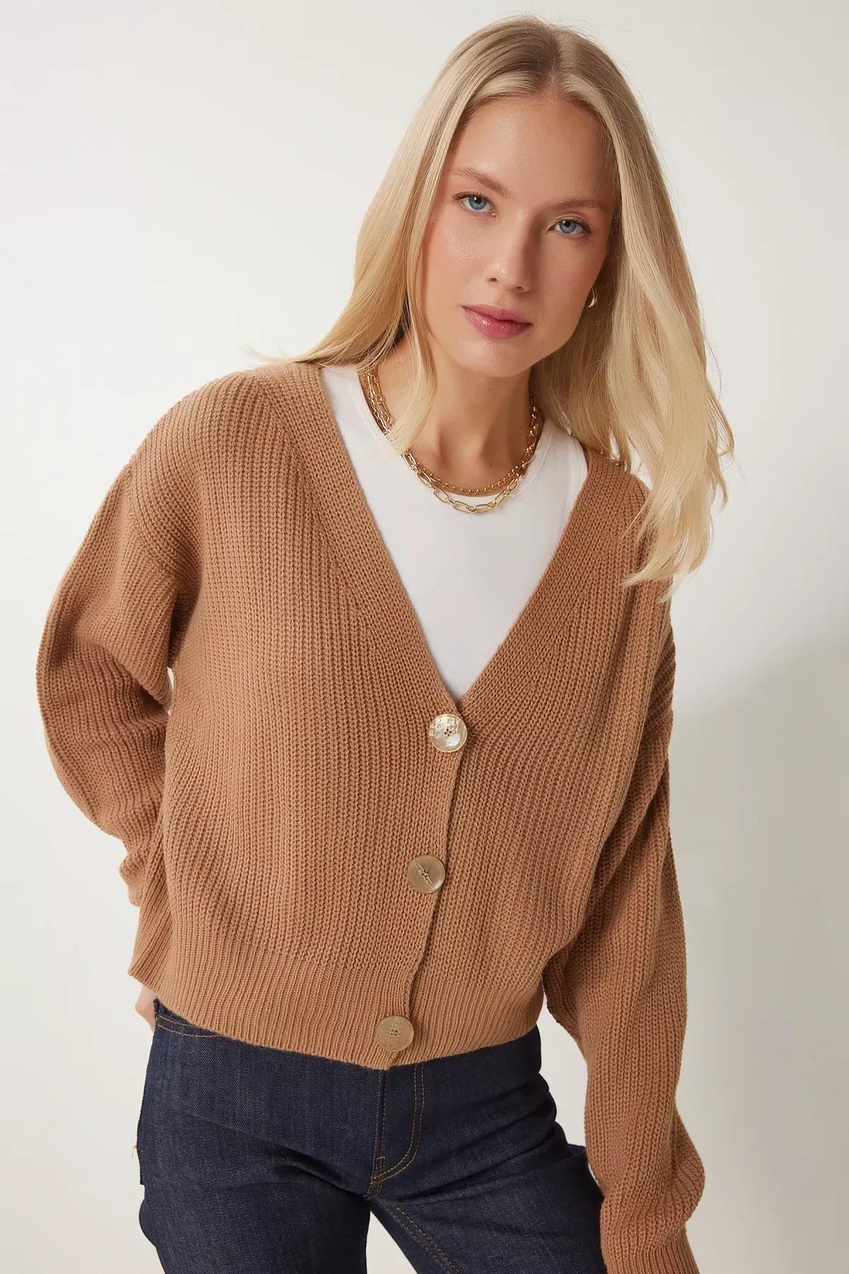 Biscuit V-Neck Buttoned Knitted Cardigan, BISCUIT, large image number 1