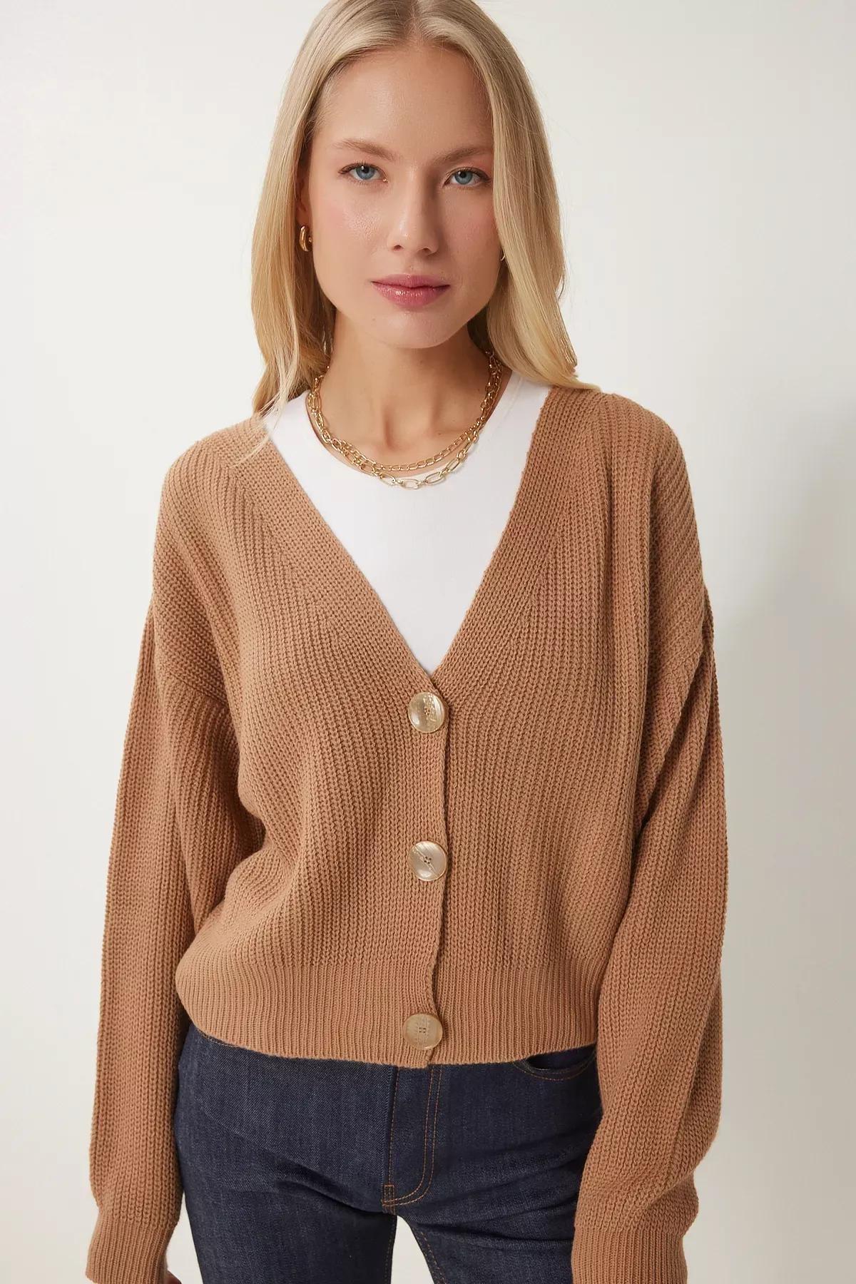 Biscuit V-Neck Buttoned Knitted Cardigan, BISCUIT, large image number 2