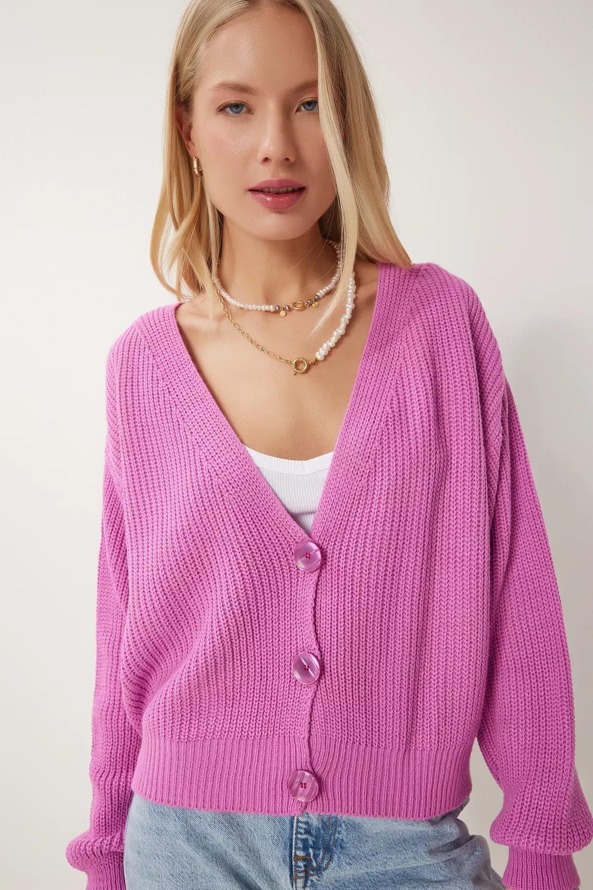 Pink V-Neck Buttoned Knitted Cardigan, C101_7329, large image number 0