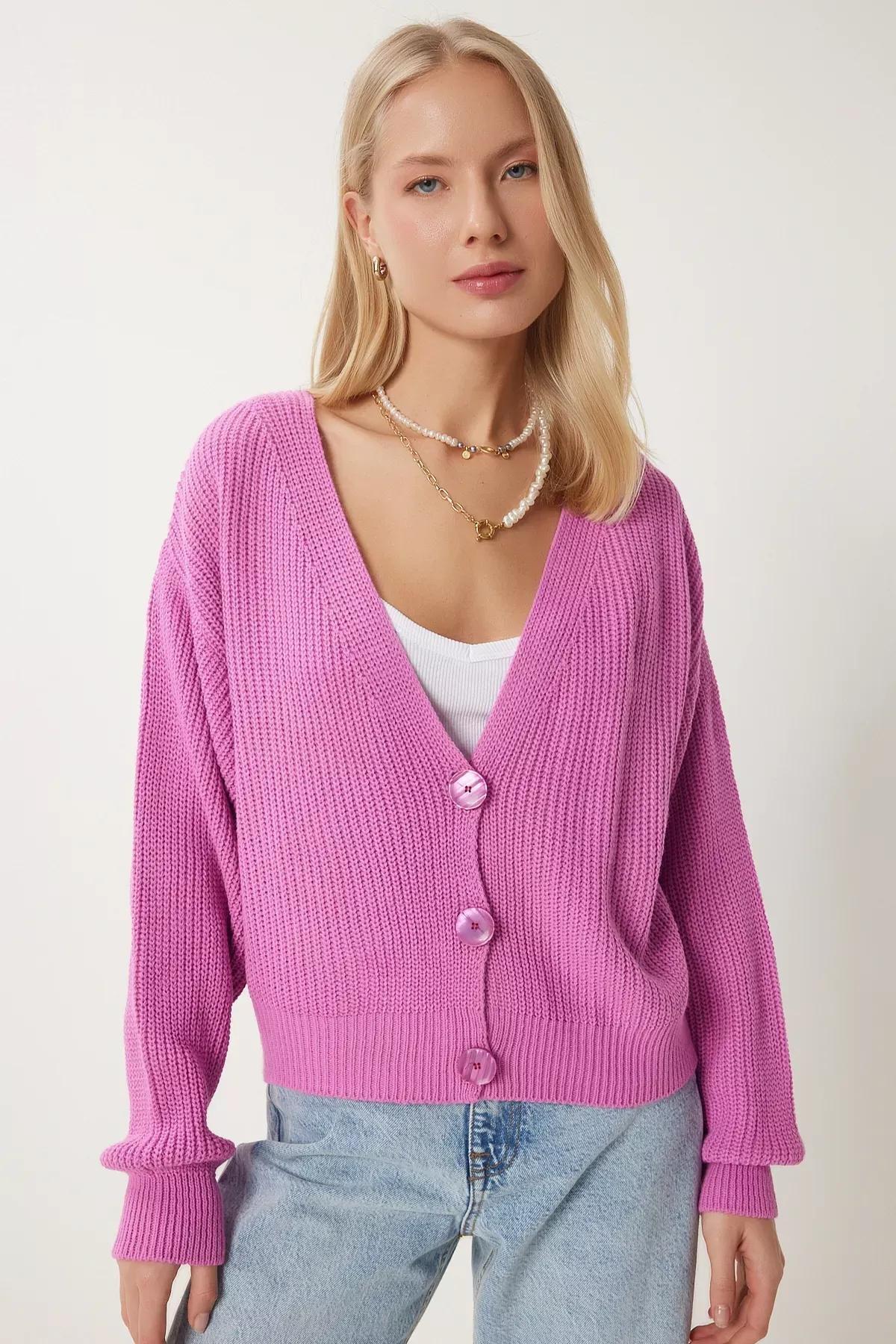 Pink V-Neck Buttoned Knitted Cardigan, C101_7329, large image number 2