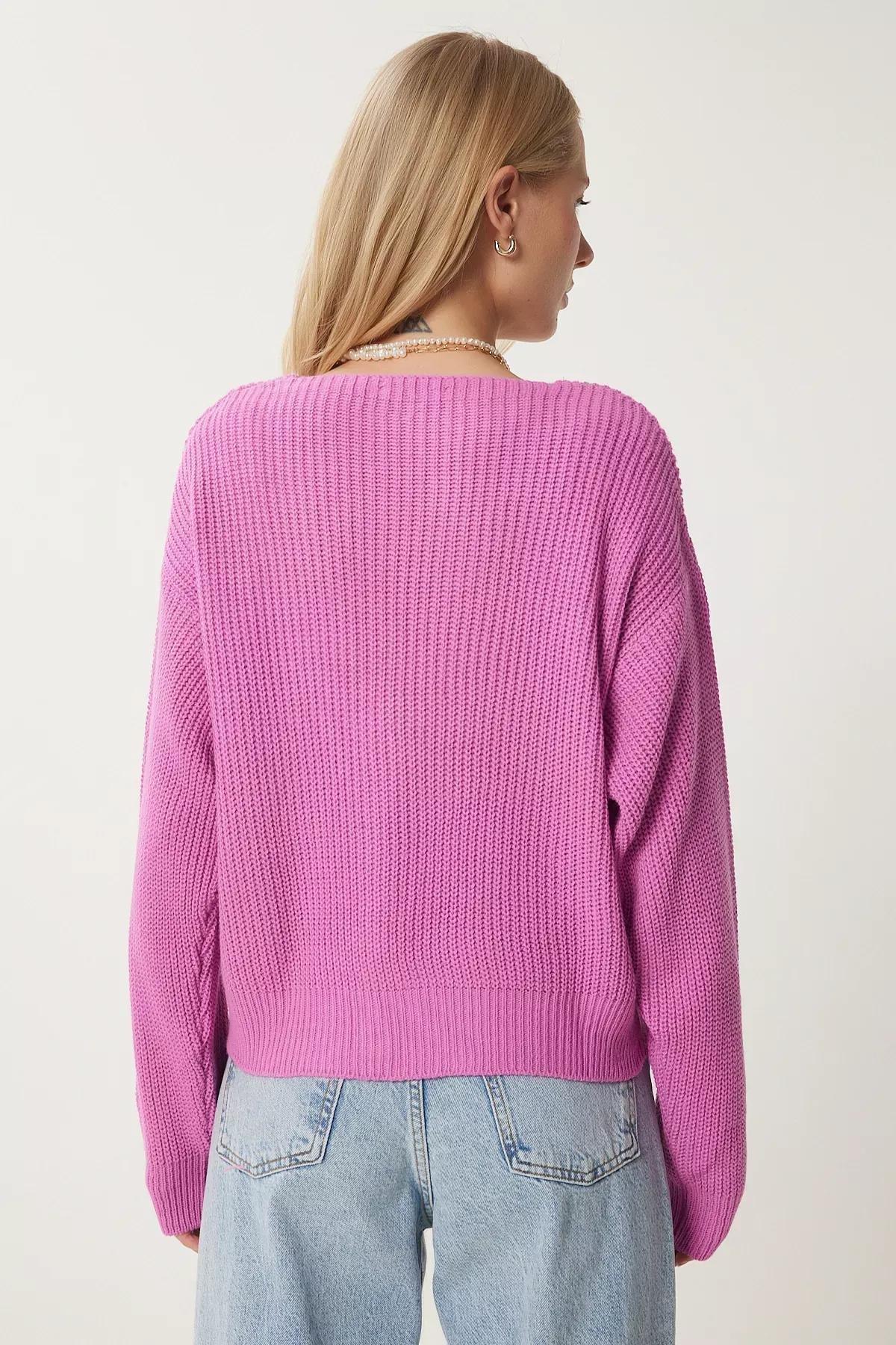 Pink V-Neck Buttoned Knitted Cardigan, C101_7329, large image number 3