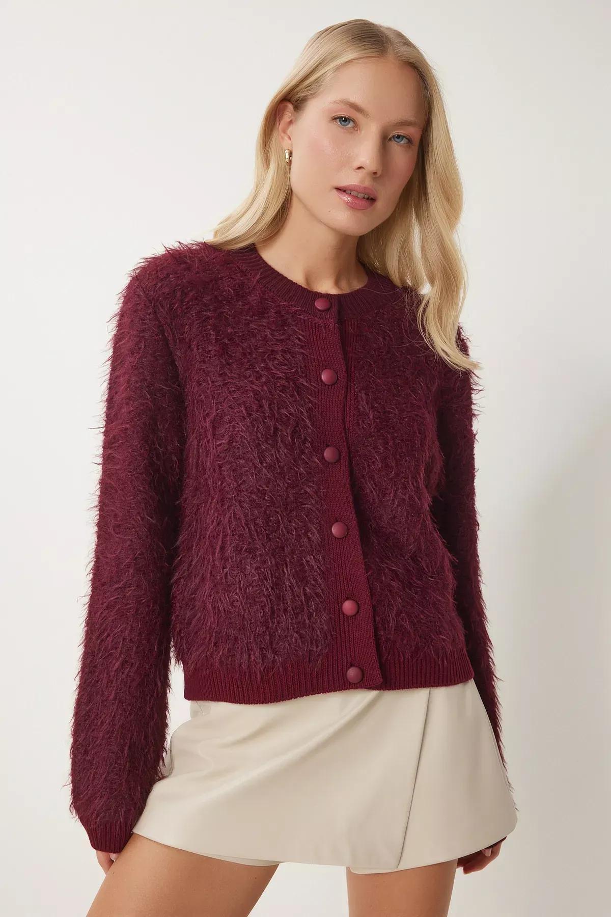 Burgundy Bearded Knitted Cardigan, C101_7277, large image number 2