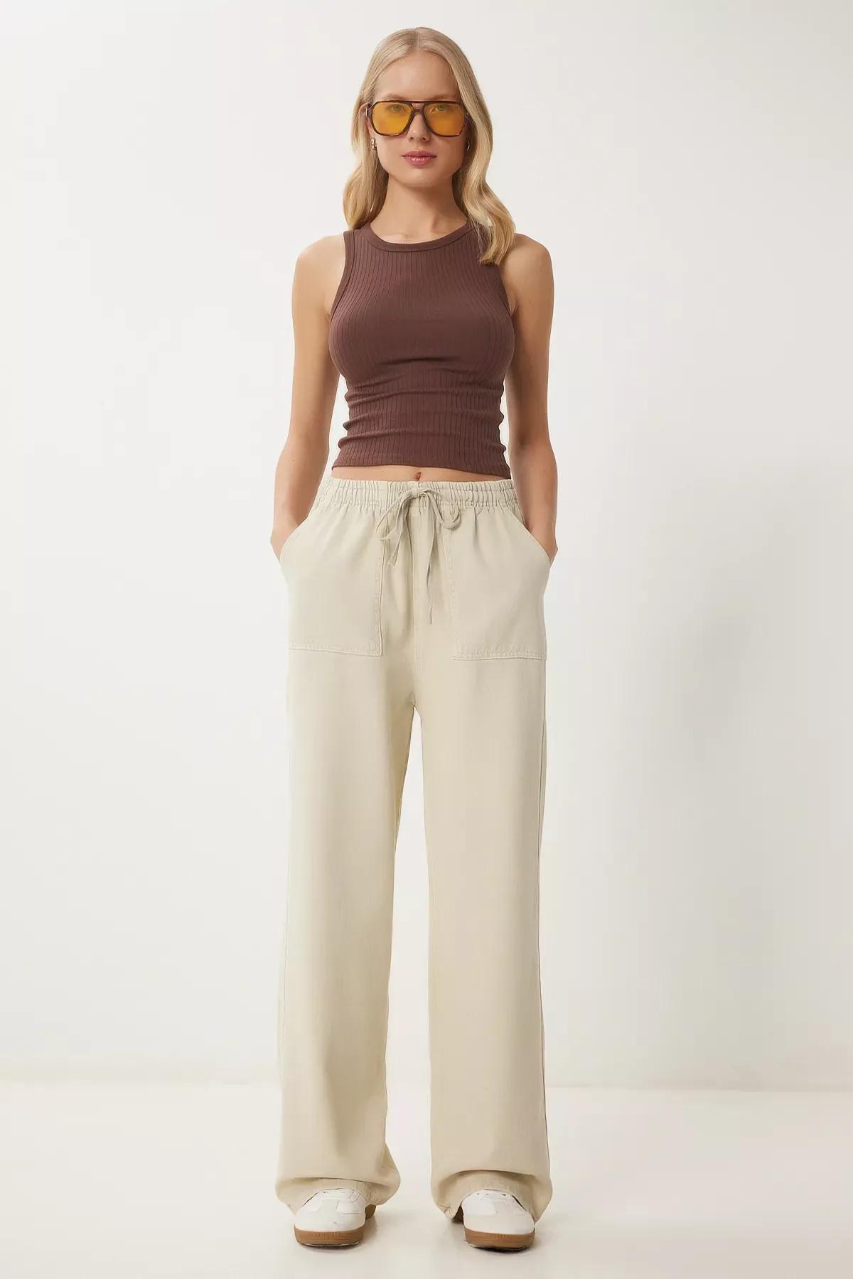 Cream Faded Denim Palazzo Trousers, , large image number 0