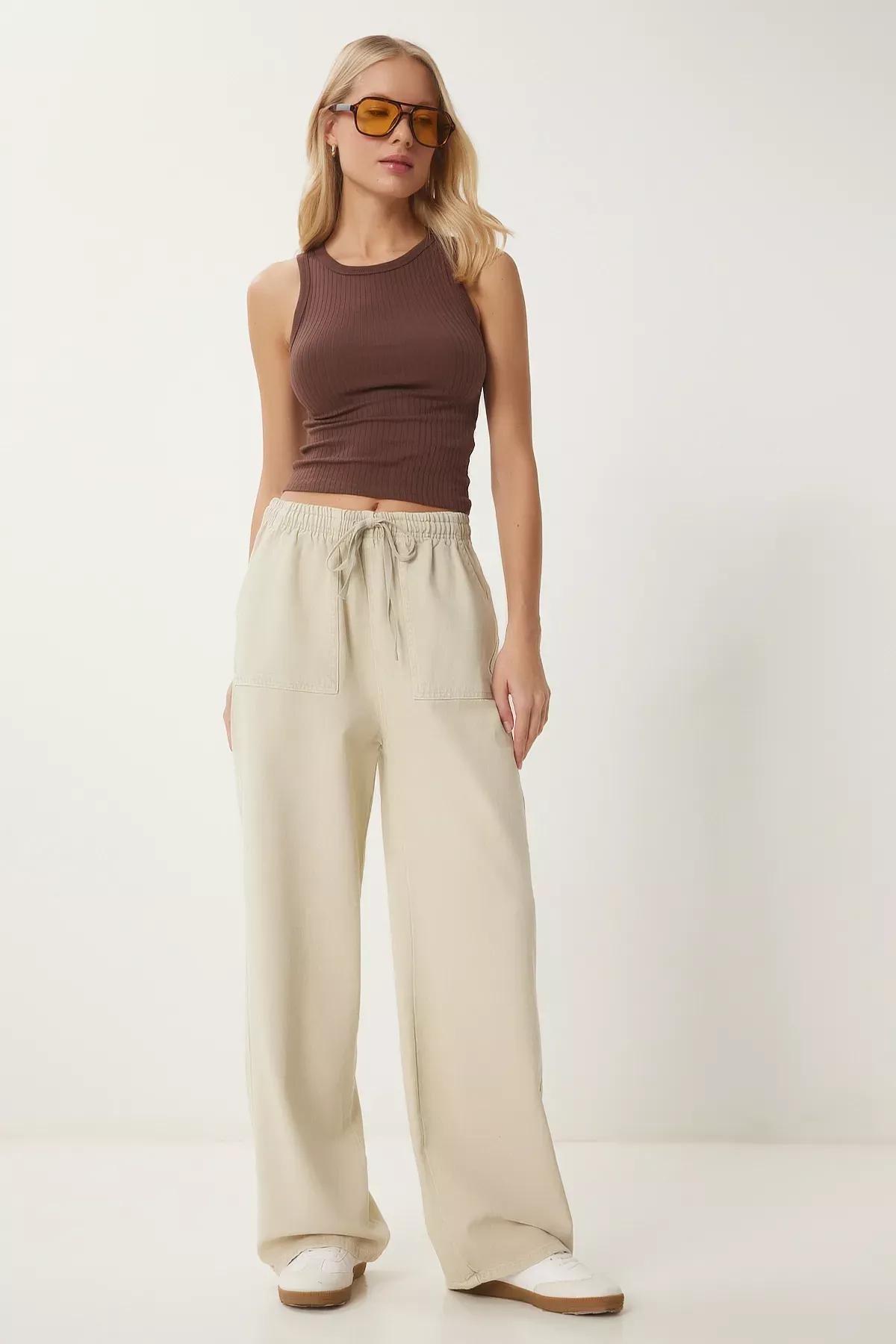 Cream Faded Denim Palazzo Trousers, , large image number 1