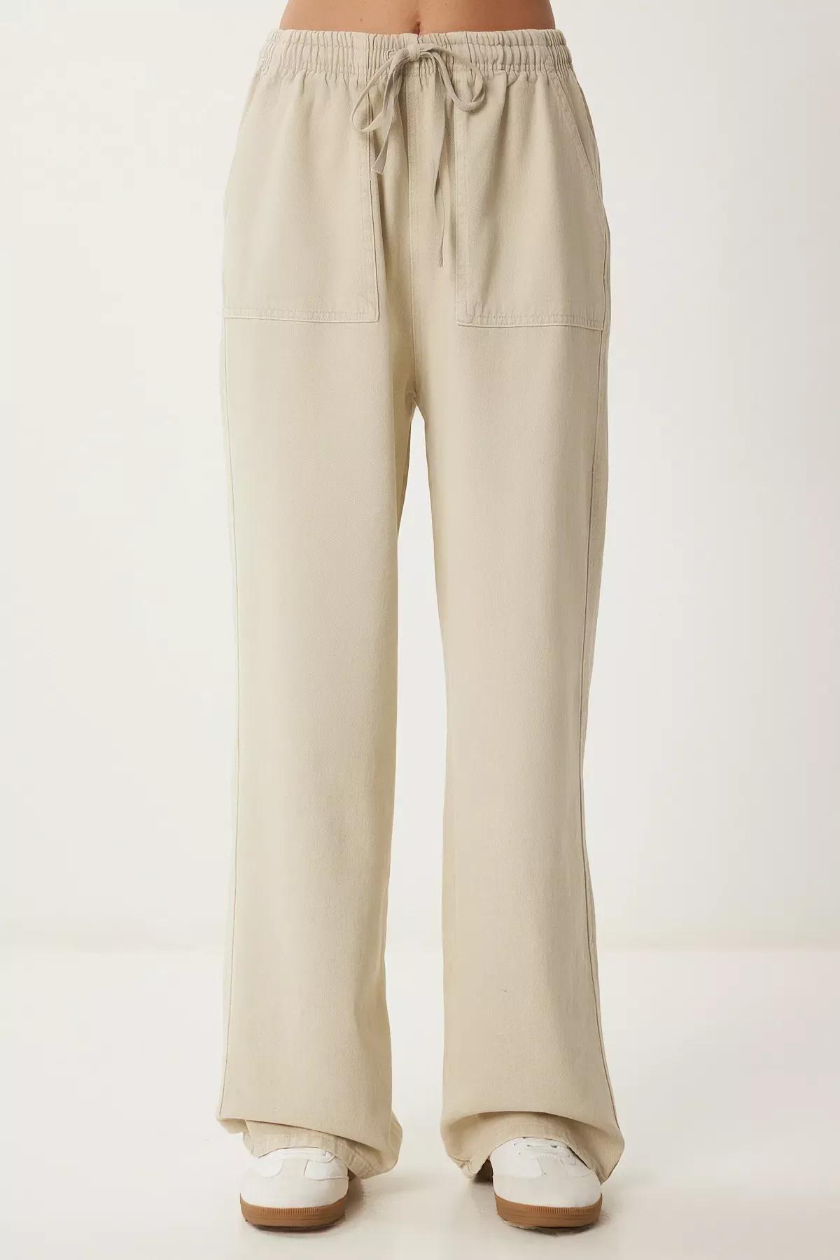 Cream Faded Denim Palazzo Trousers, , large image number 3