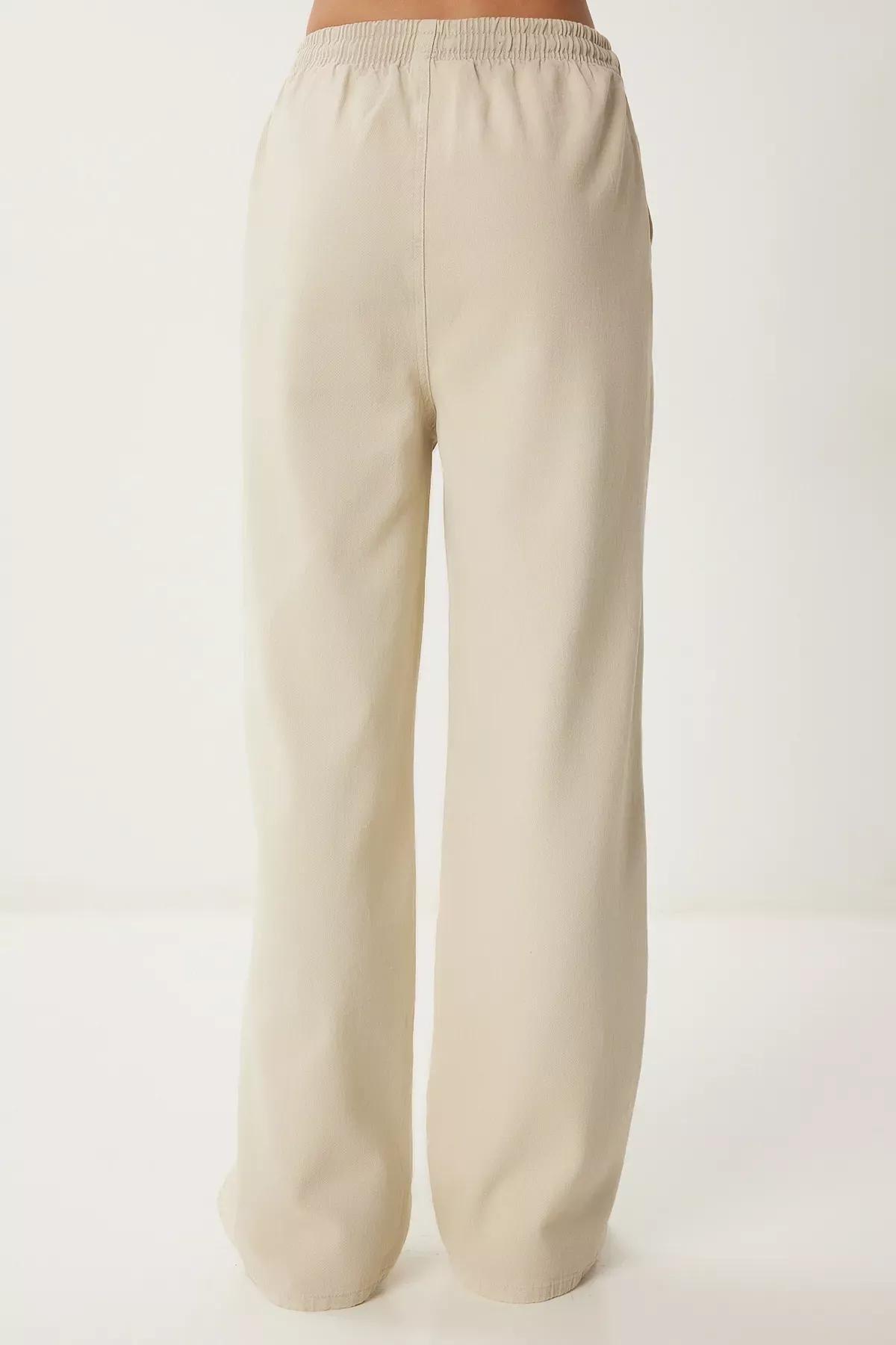 Cream Faded Denim Palazzo Trousers, , large image number 4