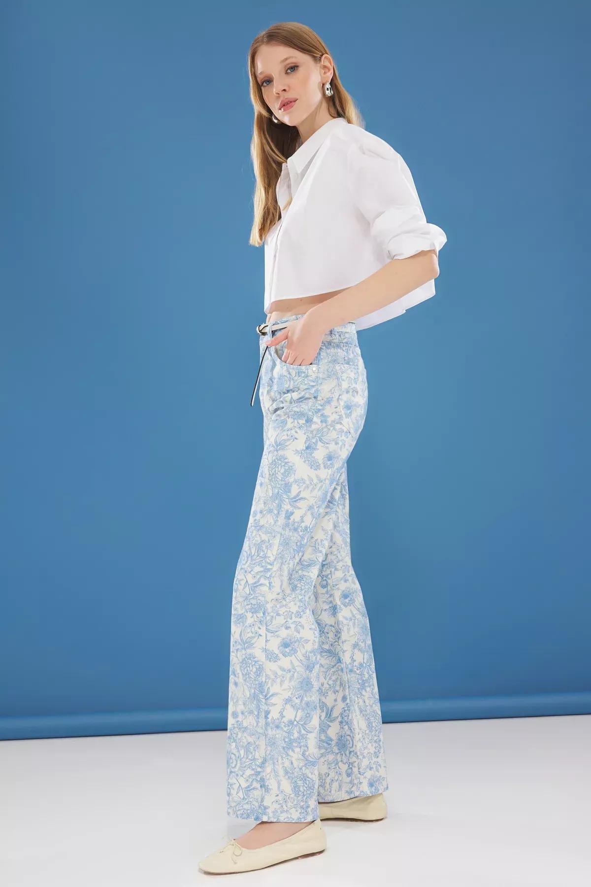 Blue Floral Wide Leg Jeans, , large image number 1