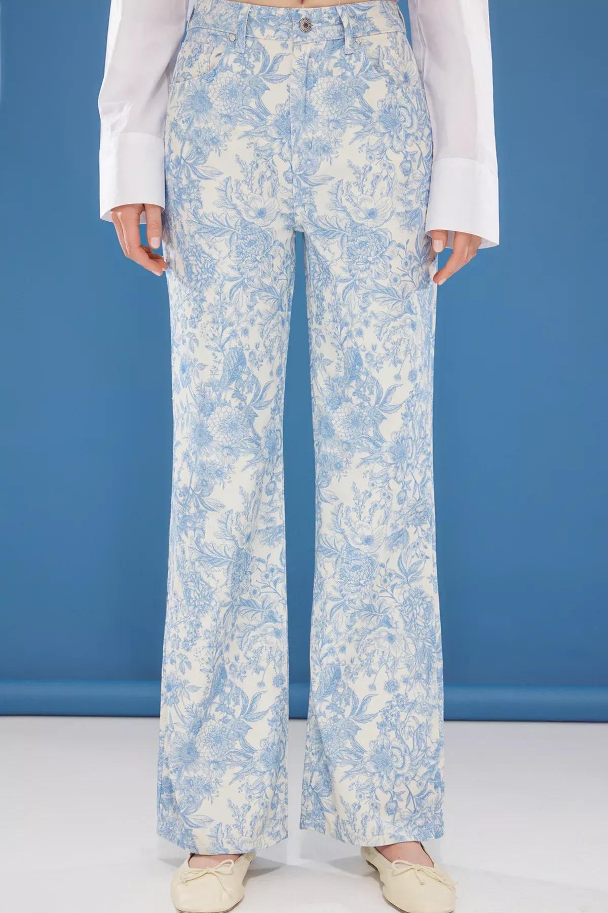 Blue Floral Wide Leg Jeans, , large image number 2
