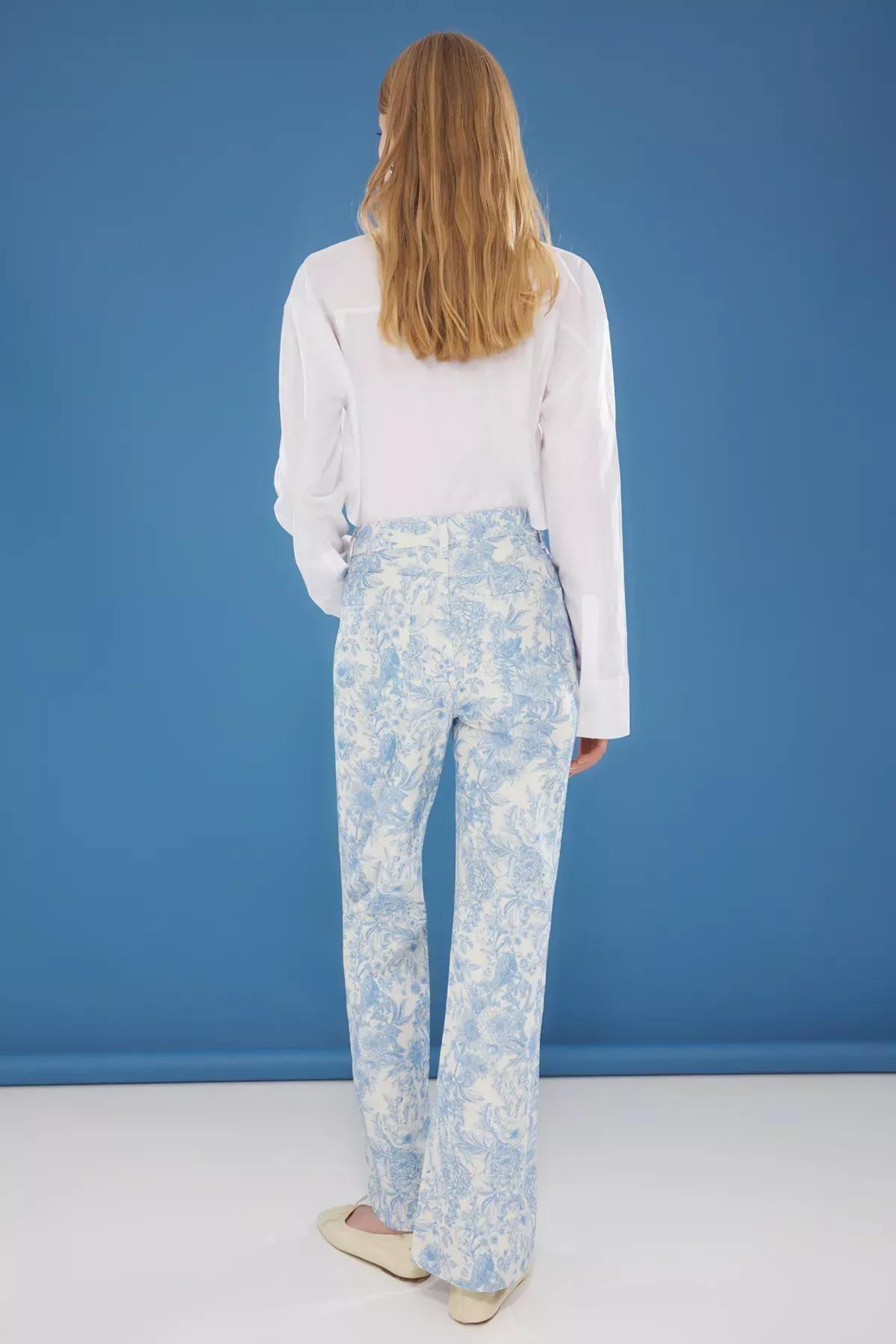 Blue Floral Wide Leg Jeans, , large image number 4