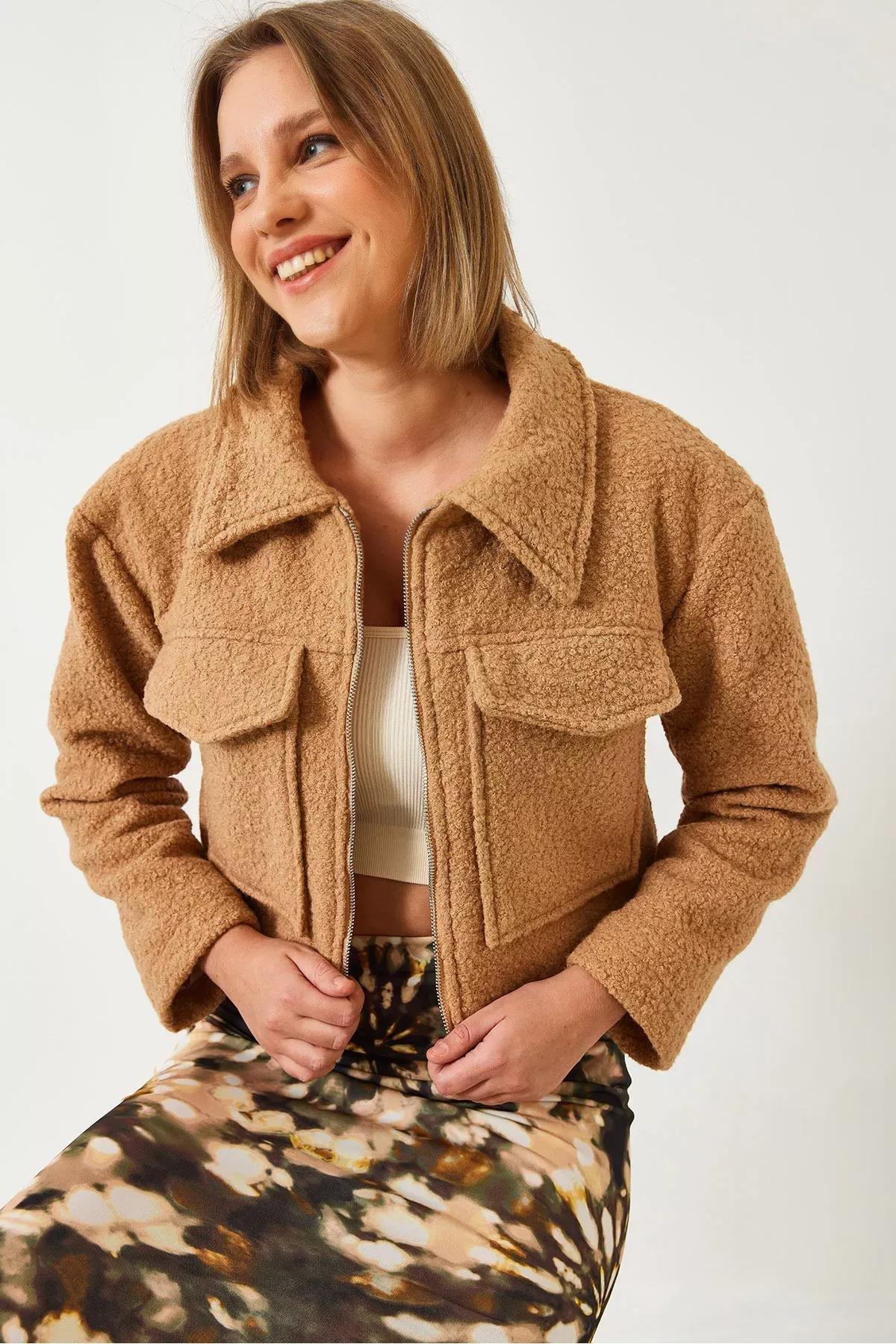 Brown Zipper Boucle Jacket, CAMEL, large image number 0