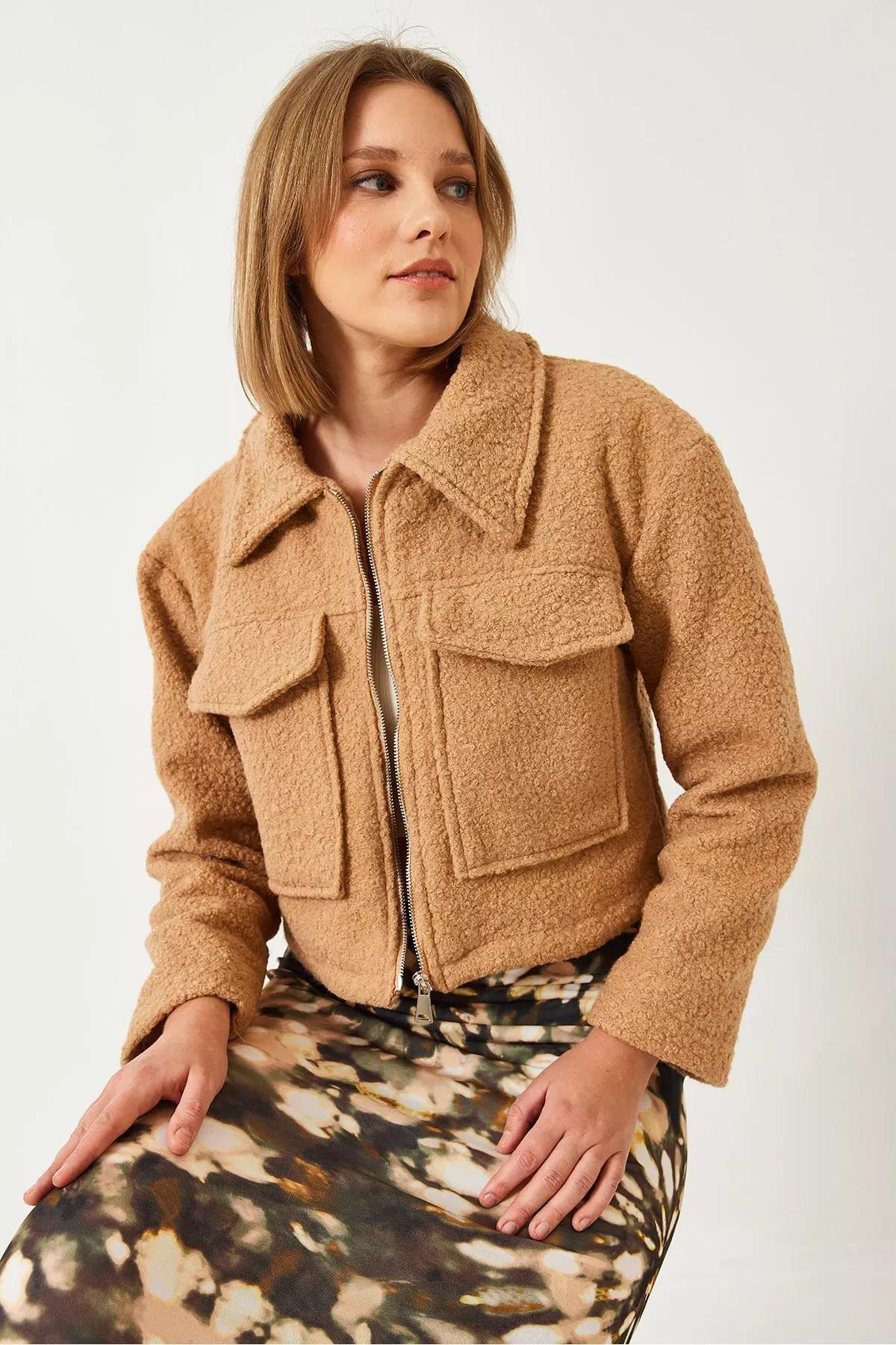 Brown Zipper Boucle Jacket, CAMEL, large image number 1