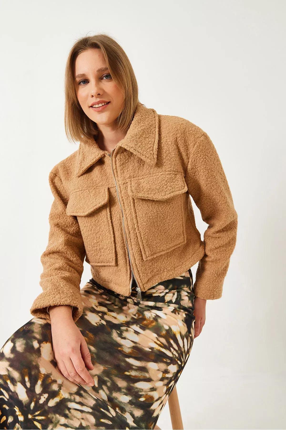 Brown Zipper Boucle Jacket, CAMEL, large image number 2