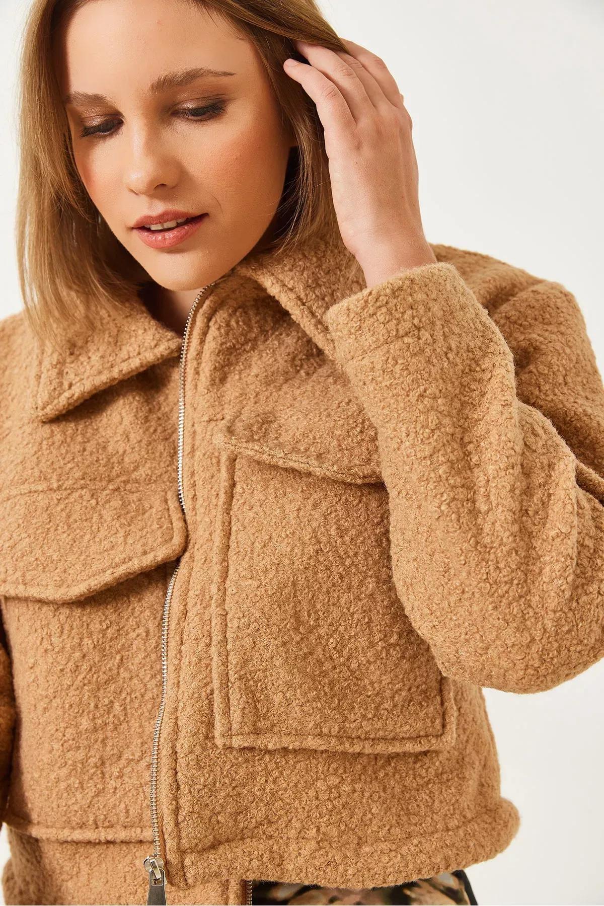 Brown Zipper Boucle Jacket, CAMEL, large image number 3