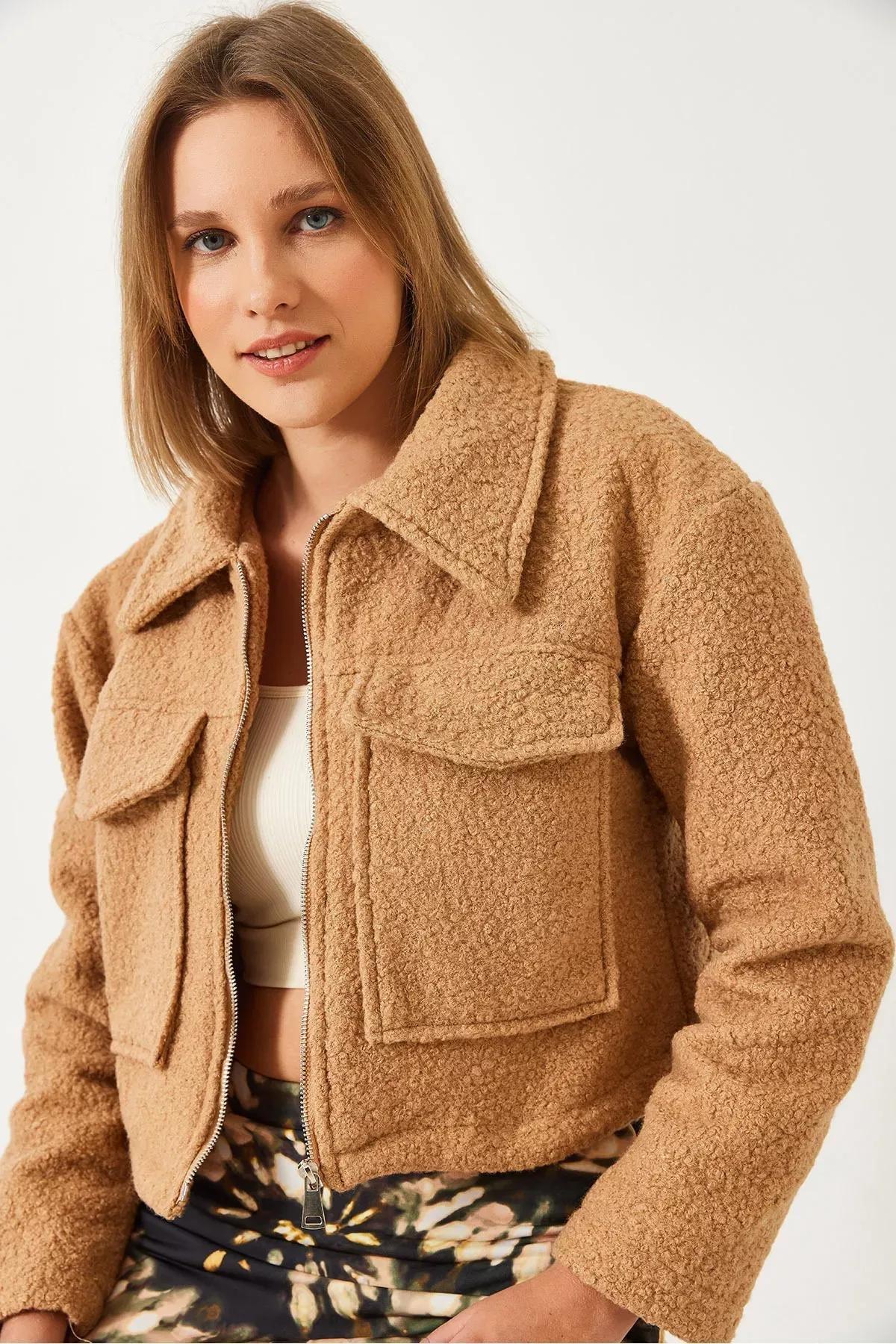 Brown Zipper Boucle Jacket, CAMEL, large image number 4