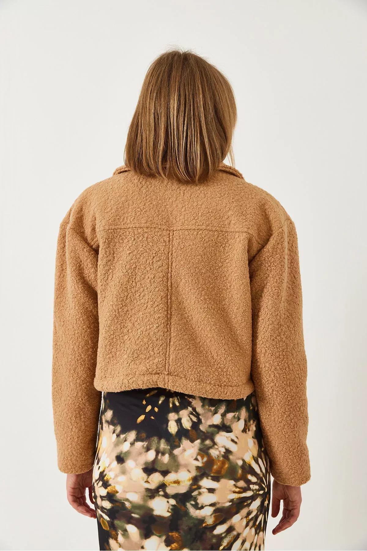 Brown Zipper Boucle Jacket, CAMEL, large image number 5