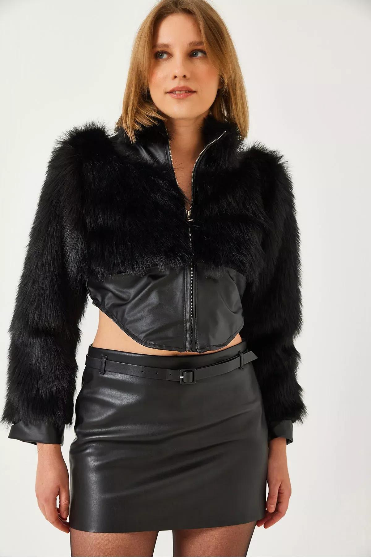 Black Leather Garni Fur Jacket, , large image number 0