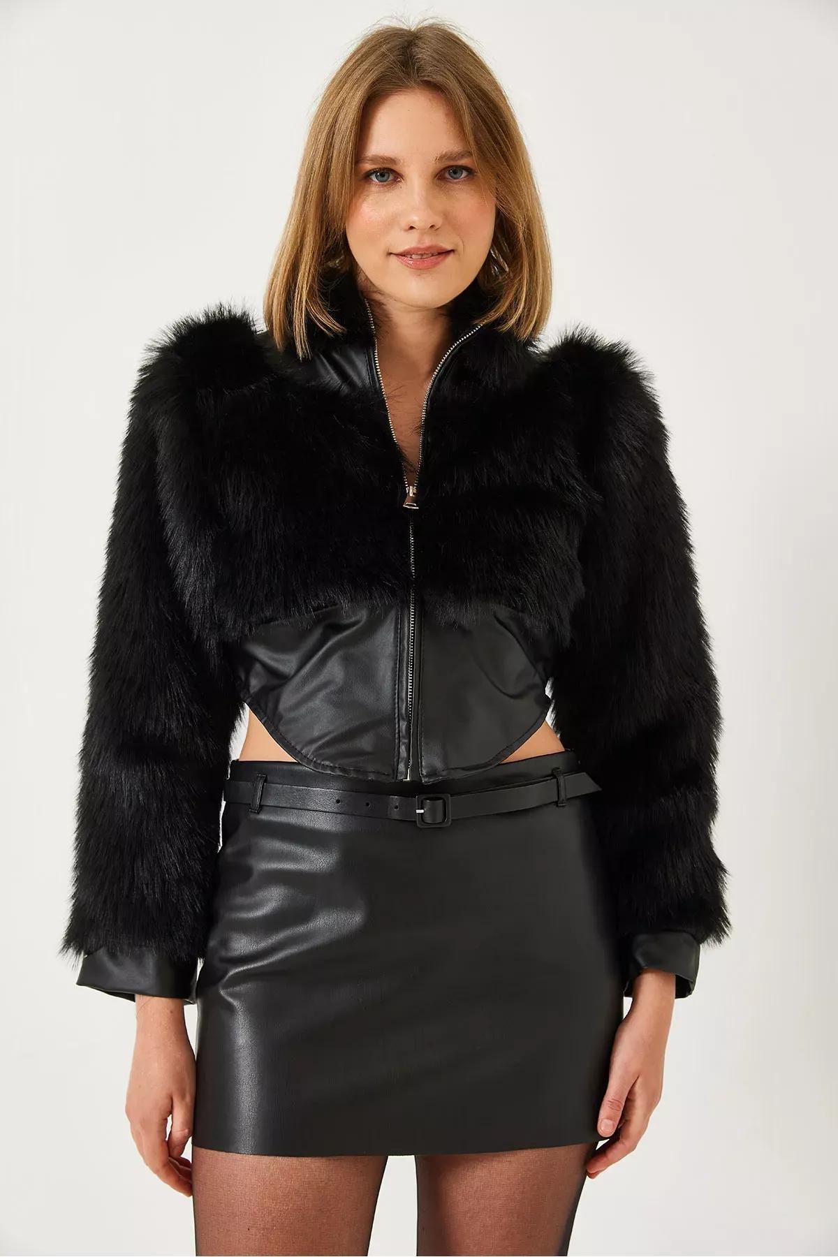 Black Leather Garni Fur Jacket, , large image number 1