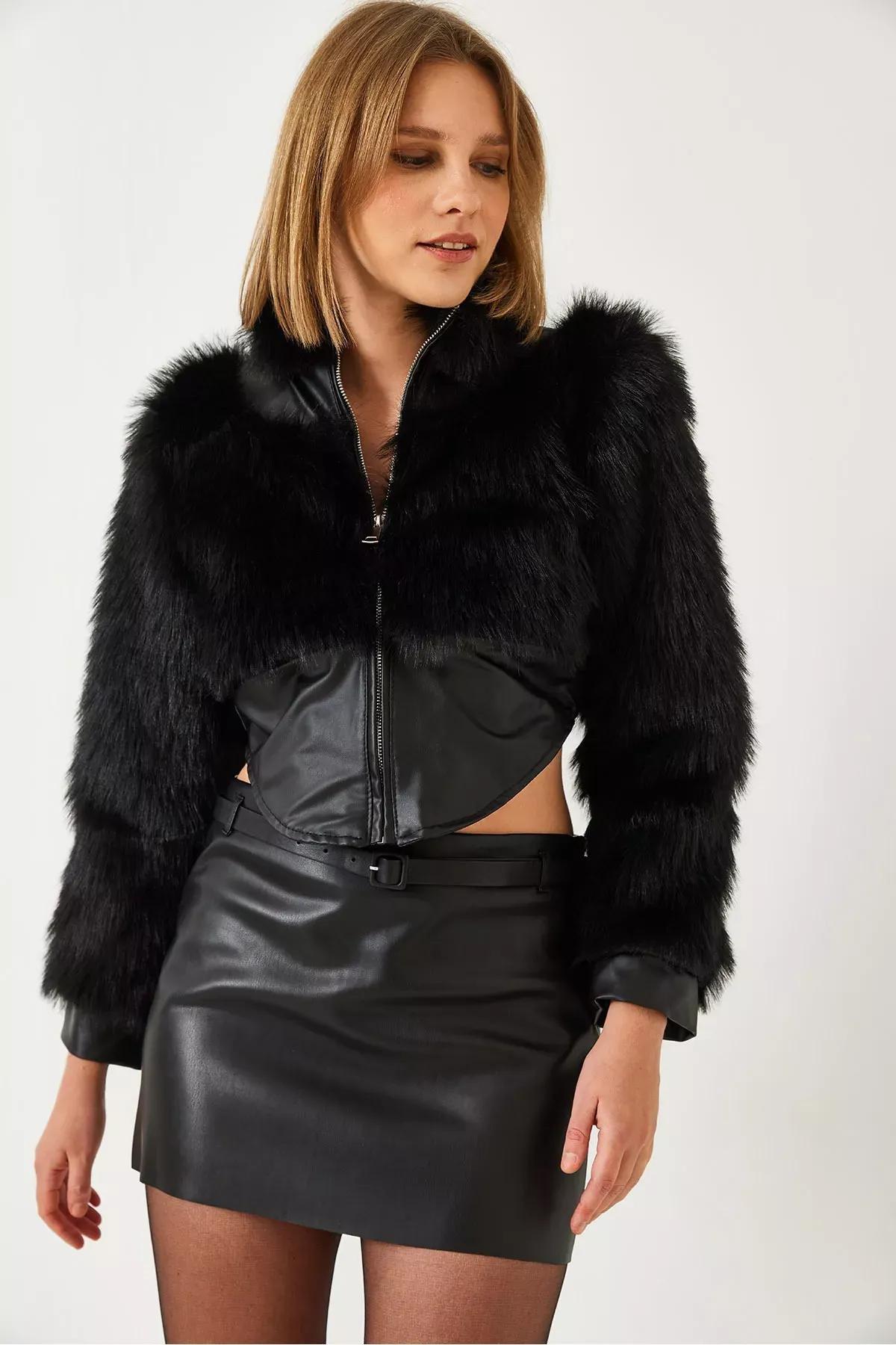 Black Leather Garni Fur Jacket, , large image number 2