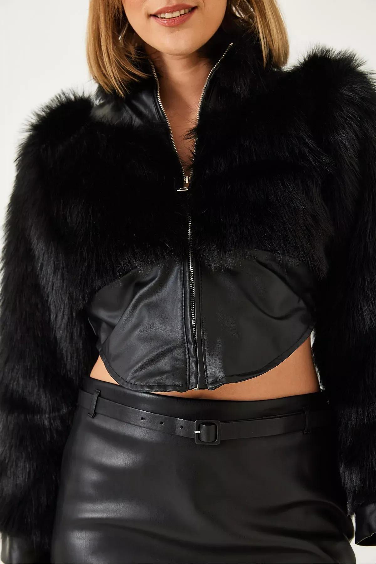 Black Leather Garni Fur Jacket, , large image number 4