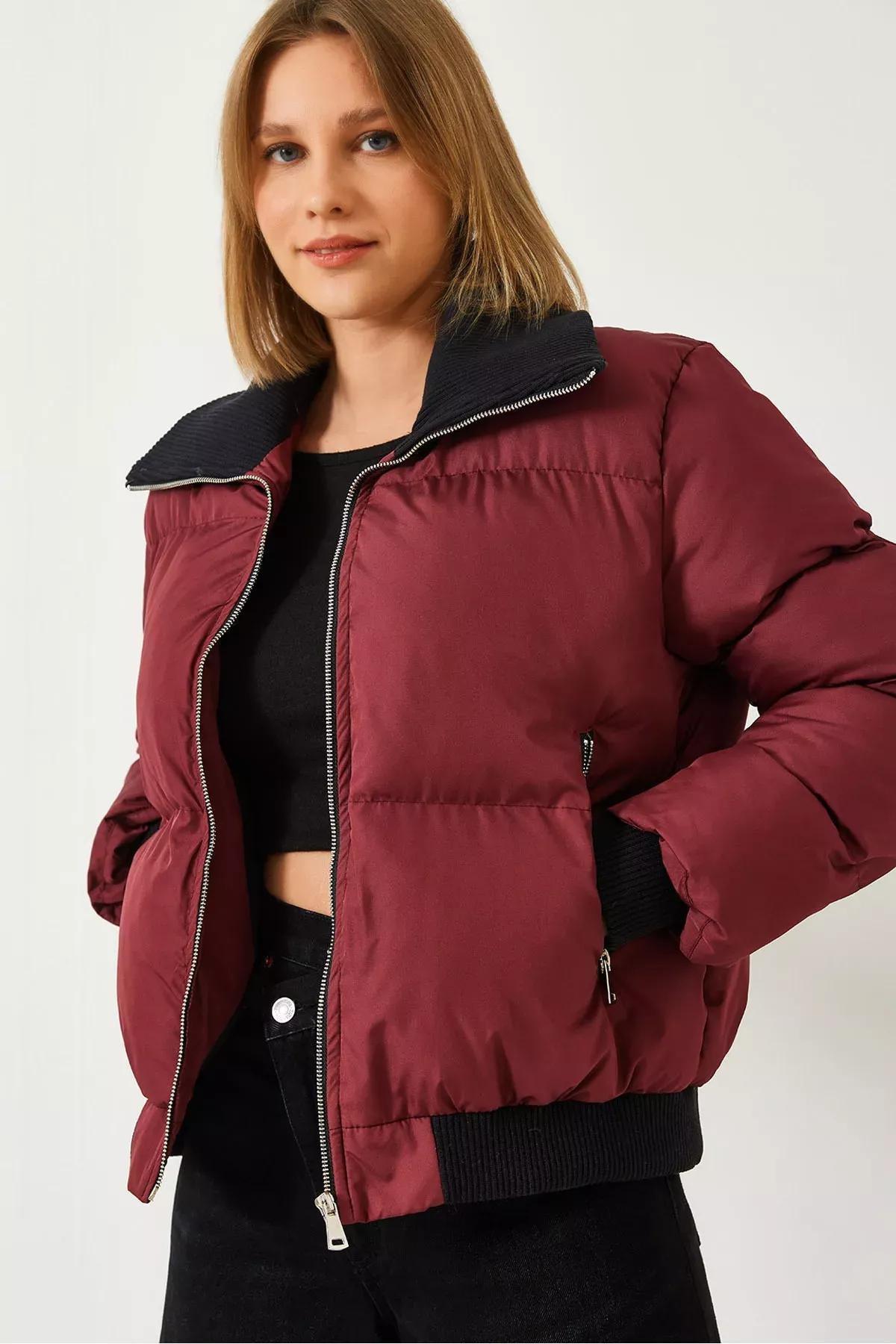 Red Camisole Collar Puffer Jacket, Burgundy, medium