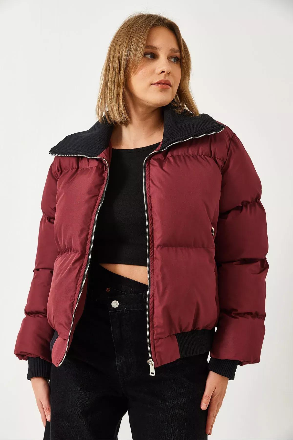 Red Camisole Collar Puffer Jacket, Burgundy, medium