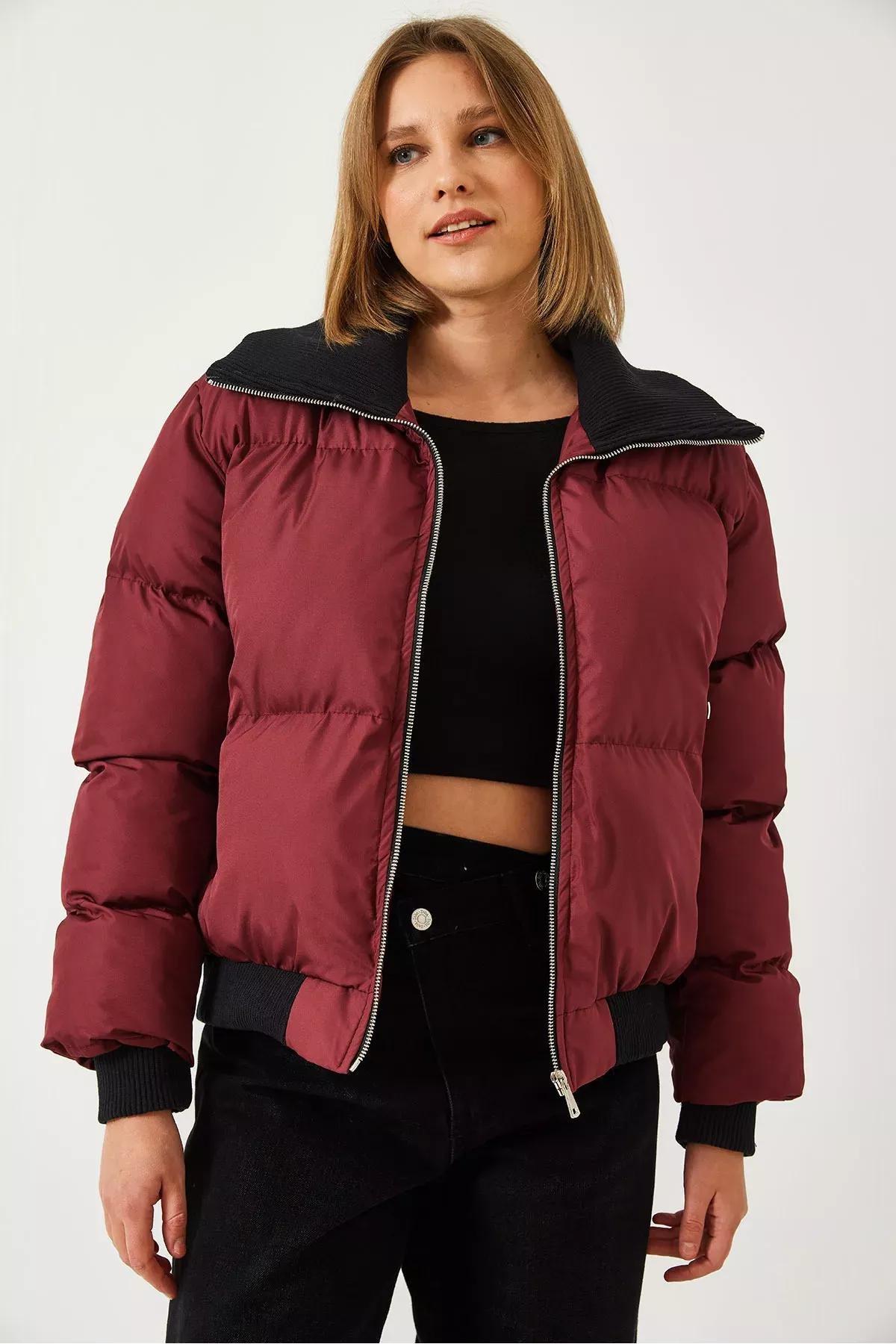 Red Camisole Collar Puffer Jacket, Burgundy, medium