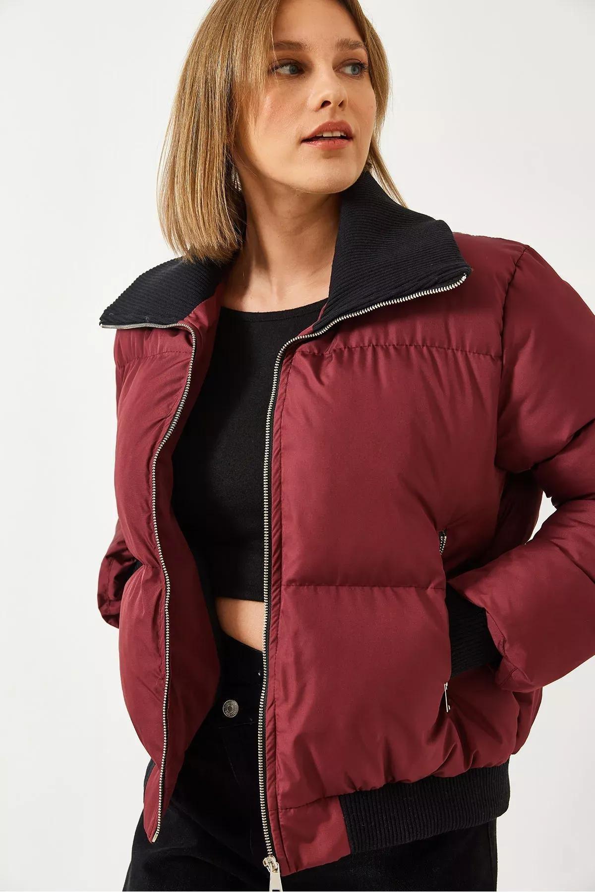 Red Camisole Collar Puffer Jacket, Burgundy, large image number 3