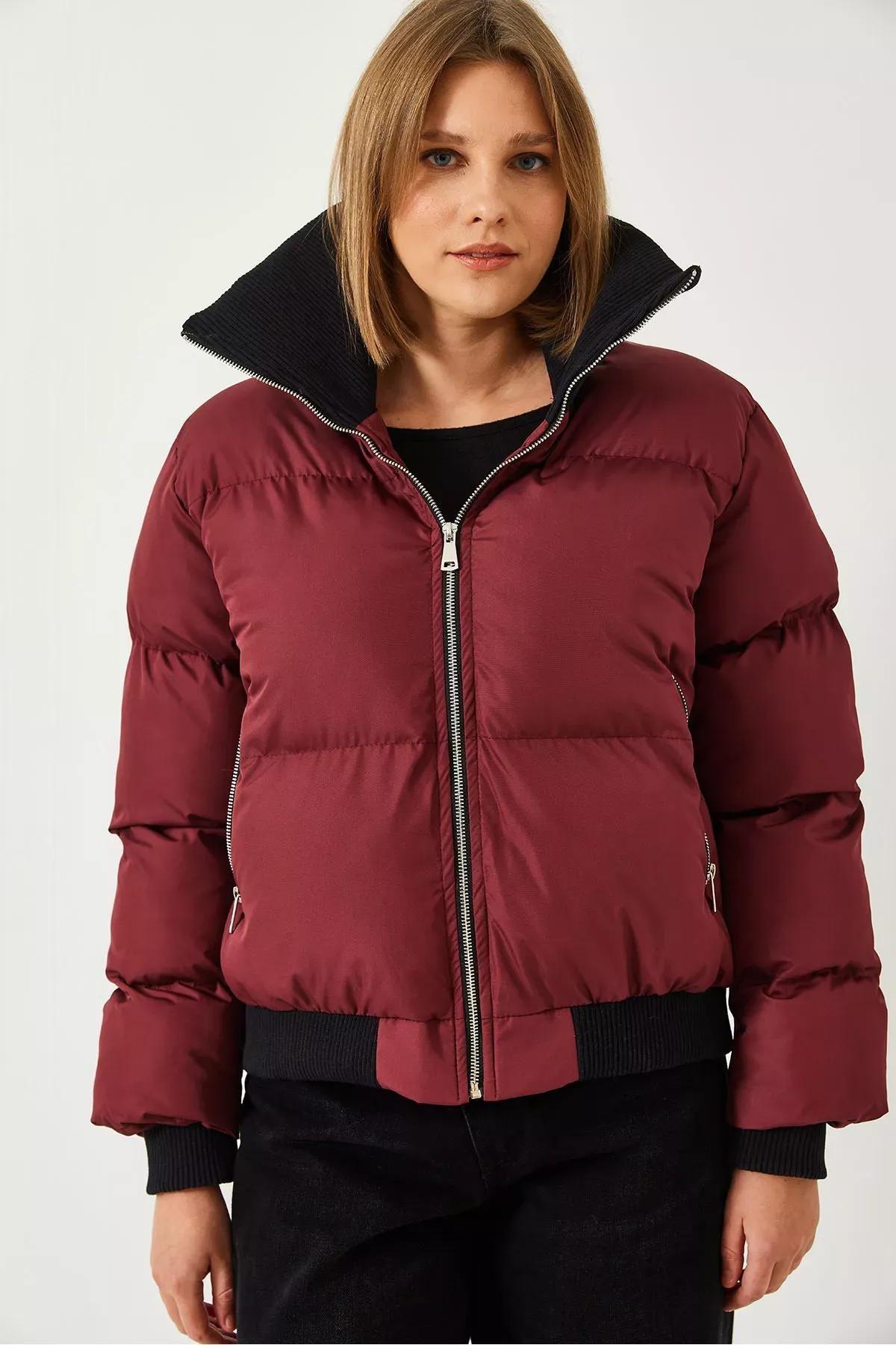 Red Camisole Collar Puffer Jacket, Burgundy, large image number 4