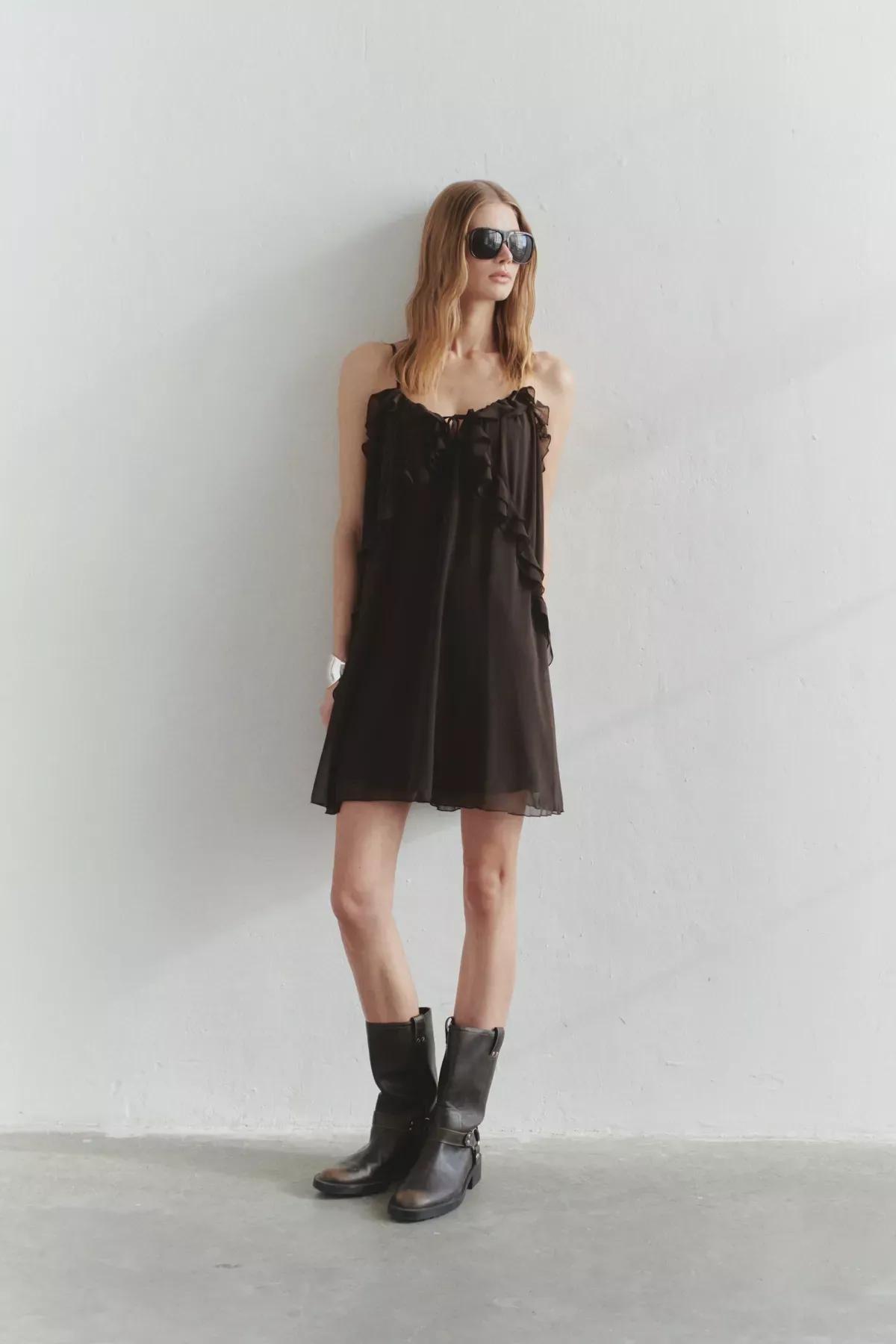 Brown Limited Edition Ruffle Mini Dress, Brown, large image number 0