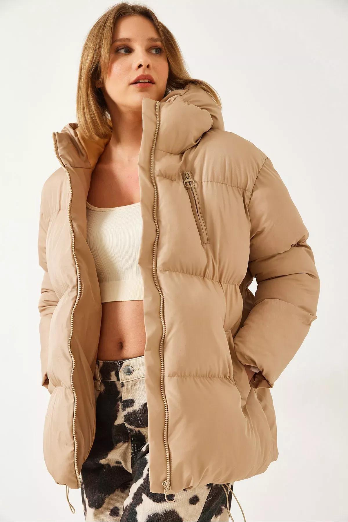Brown Hooded Puffer Coat, Beige, medium