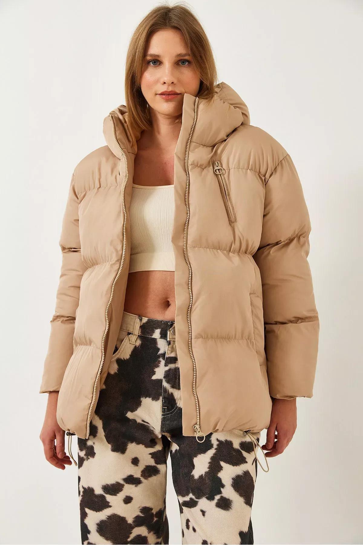 Brown Hooded Puffer Coat, Beige, medium