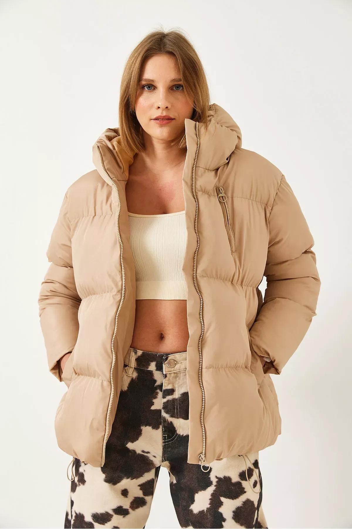 Brown Hooded Puffer Coat, Beige, large image number 2