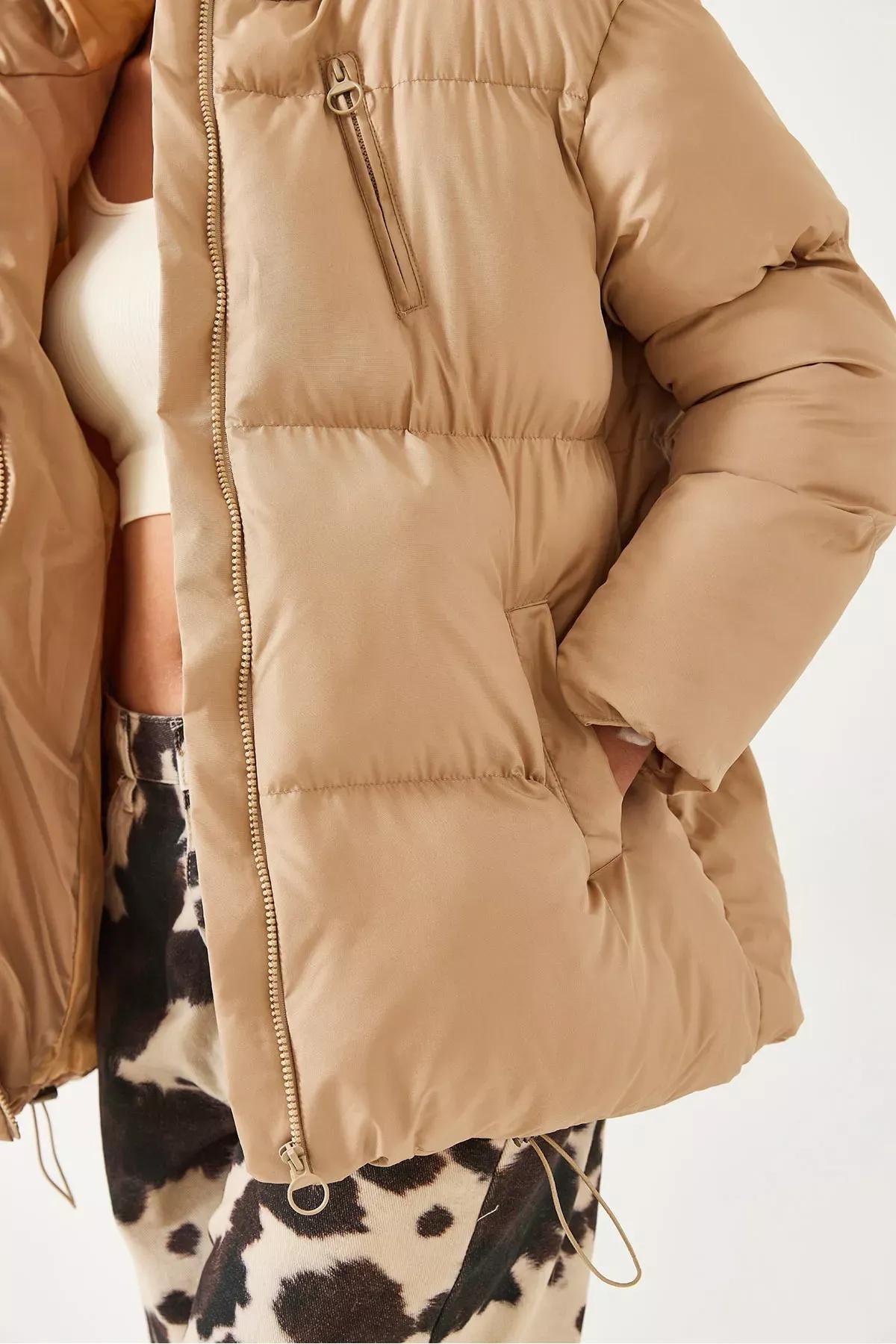 Brown Hooded Puffer Coat, Beige, large image number 3