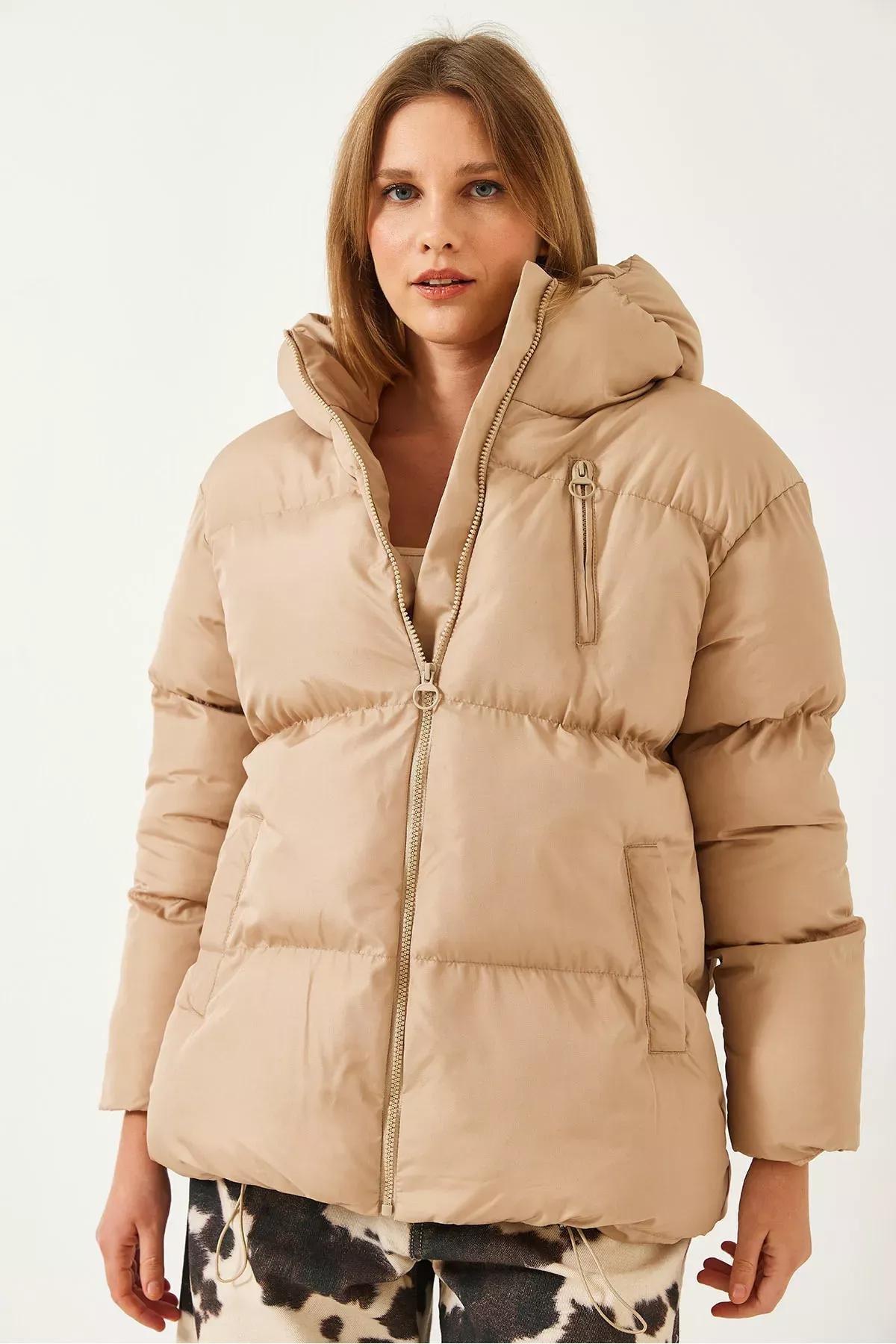 Brown Hooded Puffer Coat, Beige, large image number 4