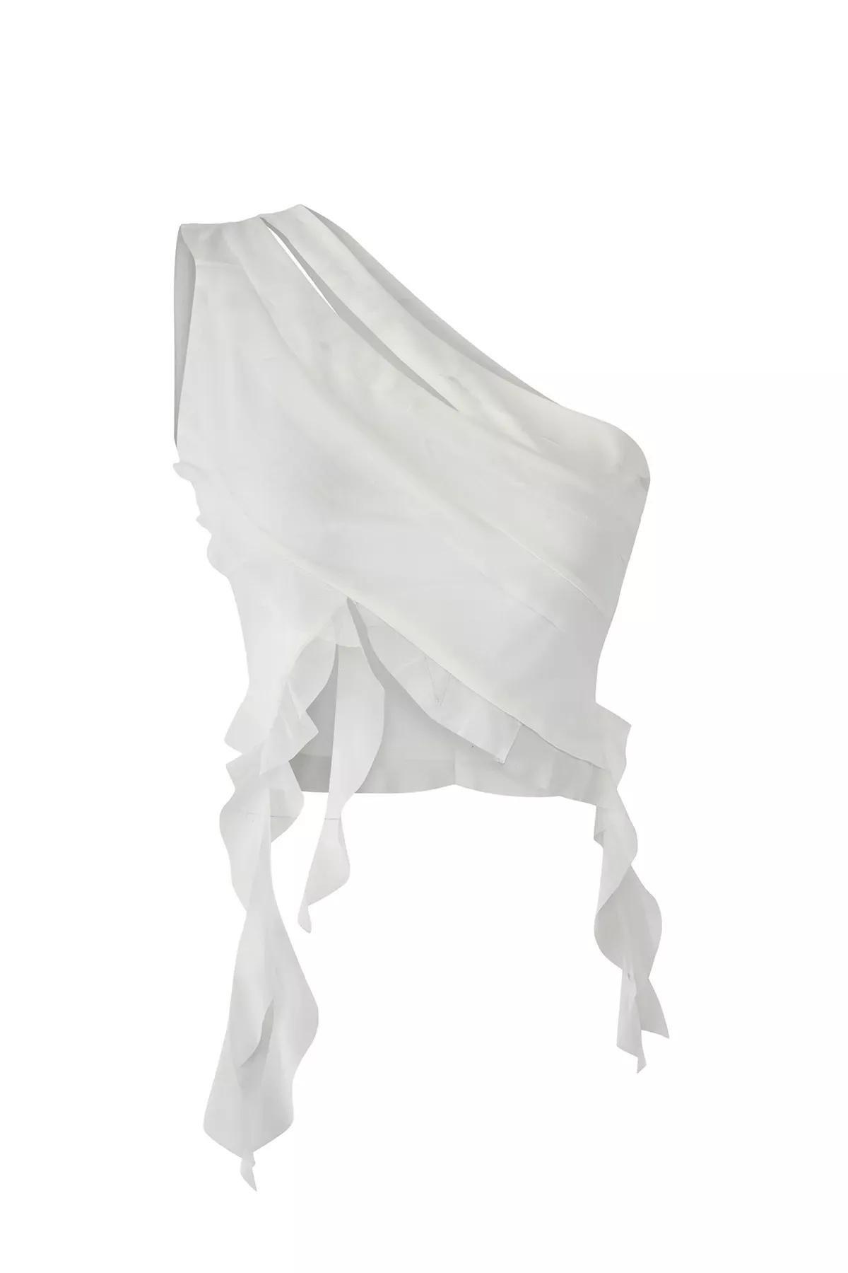 Beige Ruffle Tulle Knit Blouse, Ecru, large image number 0