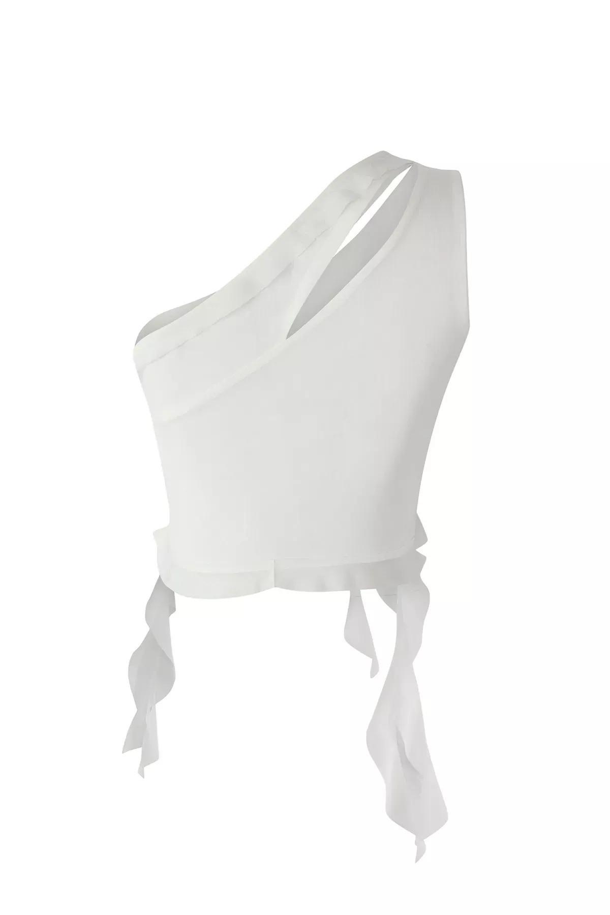 Beige Ruffle Tulle Knit Blouse, Ecru, large image number 2