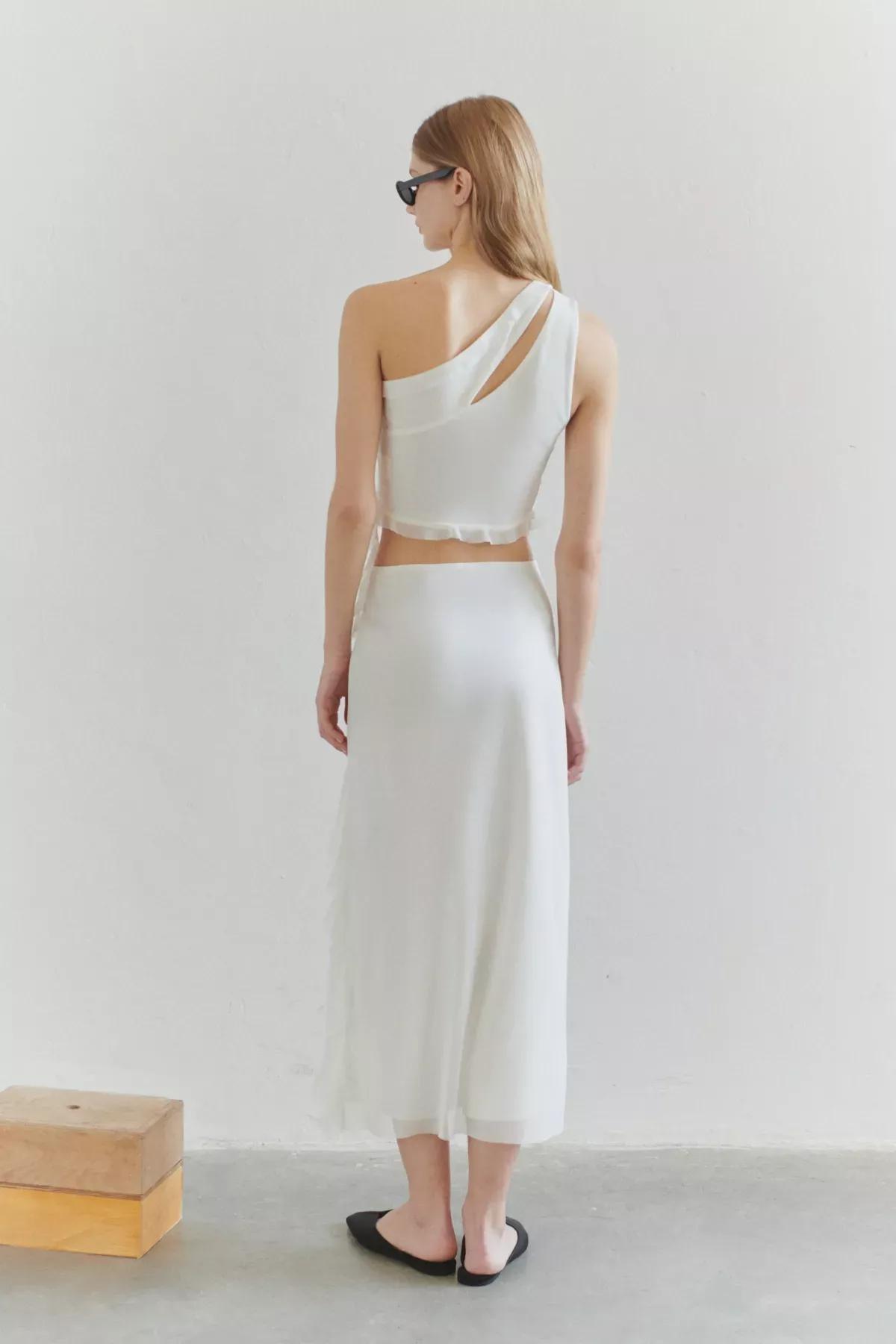 Beige Ruffle Tulle Knit Blouse, Ecru, large image number 3