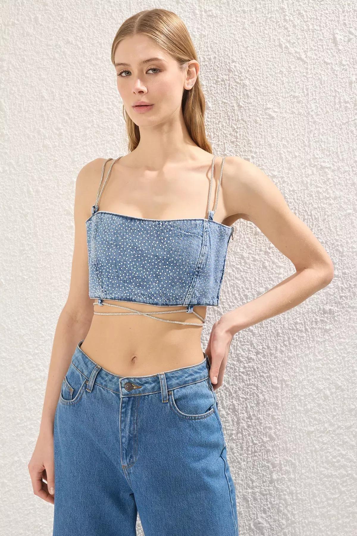 Blue Crop Denim Blouse, , large image number 0